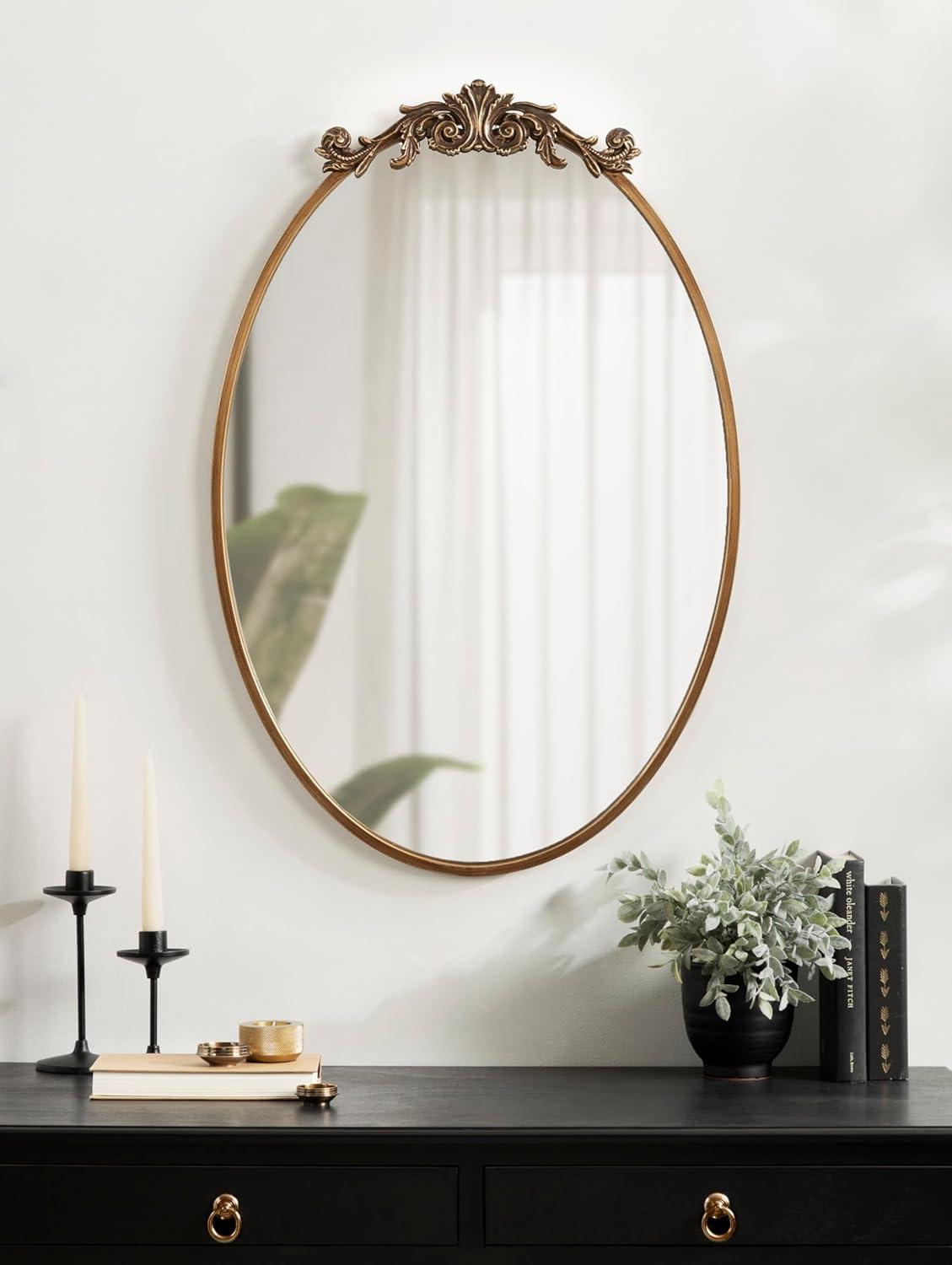 Kate & Laurel All Things Decor 24"x36" Arendahl Traditional Vertical Oval Wall Mirror Antique Gold: Ornate, No Assembly Required