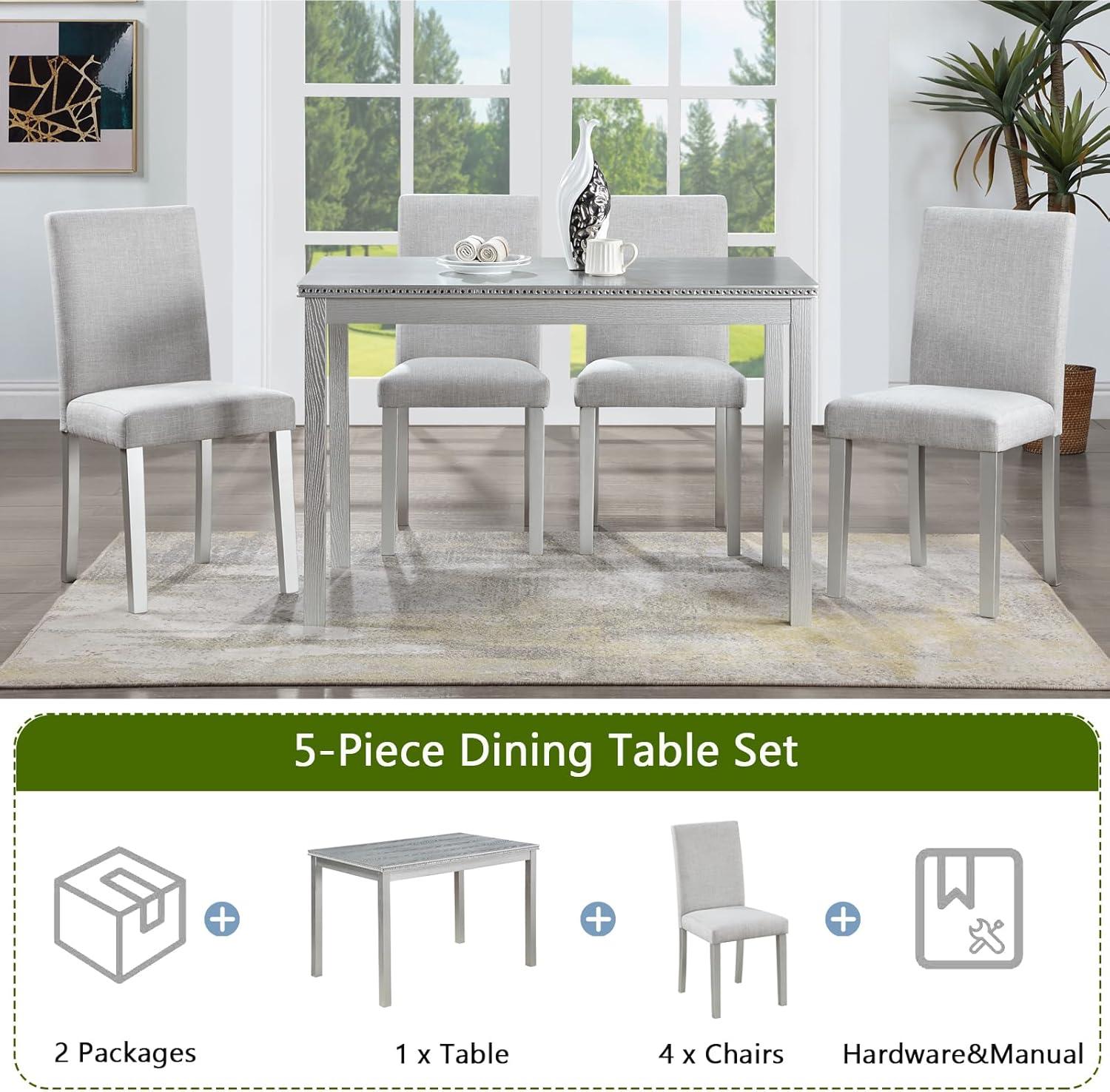 Grey Pine Wood 5-Piece Dining Set with Upholstered Chairs