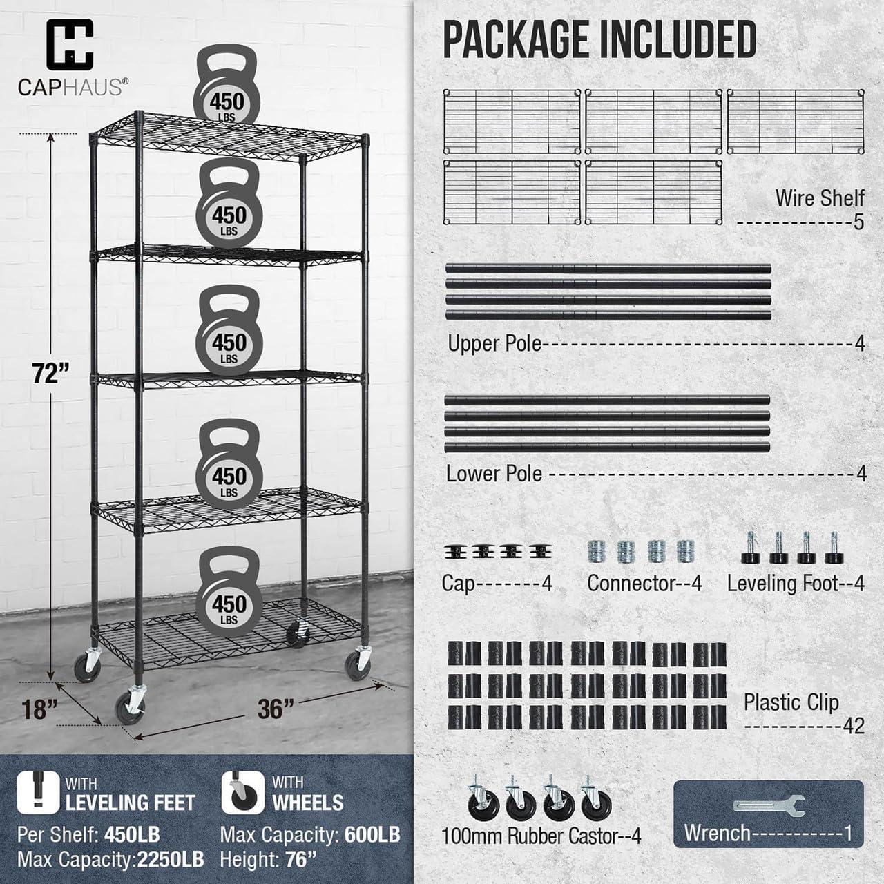 CAPHAUS NSF Heavy Duty Commercial Adjustable Wire Shelving w/ Wheels & Leveling Feet, Kitchen Storage Metal Shelf, Garage Storage Shelving, Utility Wire Rack Storage Unit, Black 36 x 18 x 76 5-Tier