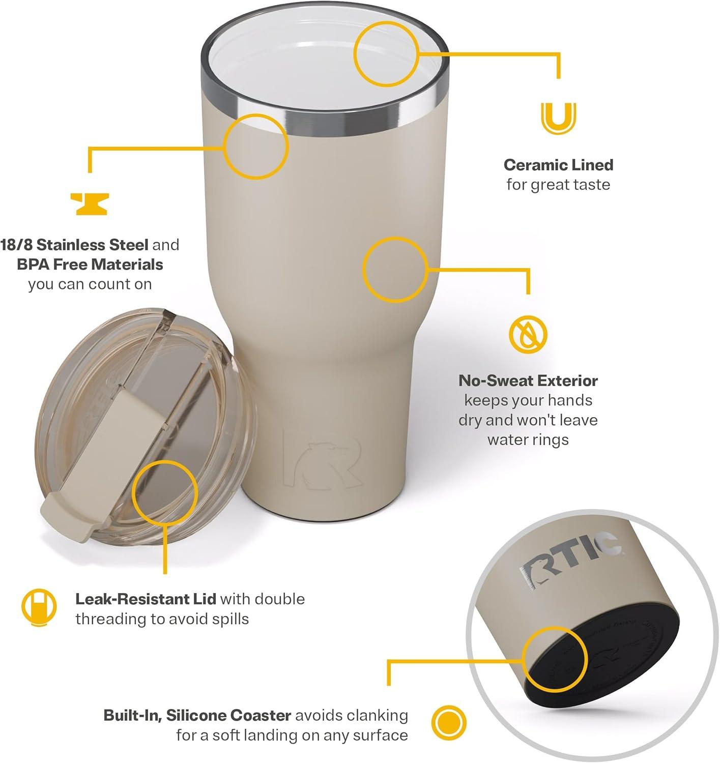 RTIC 40 oz Ceramic Lined Insulated Essential Tumbler, Leak-Resistant Lid, Navy