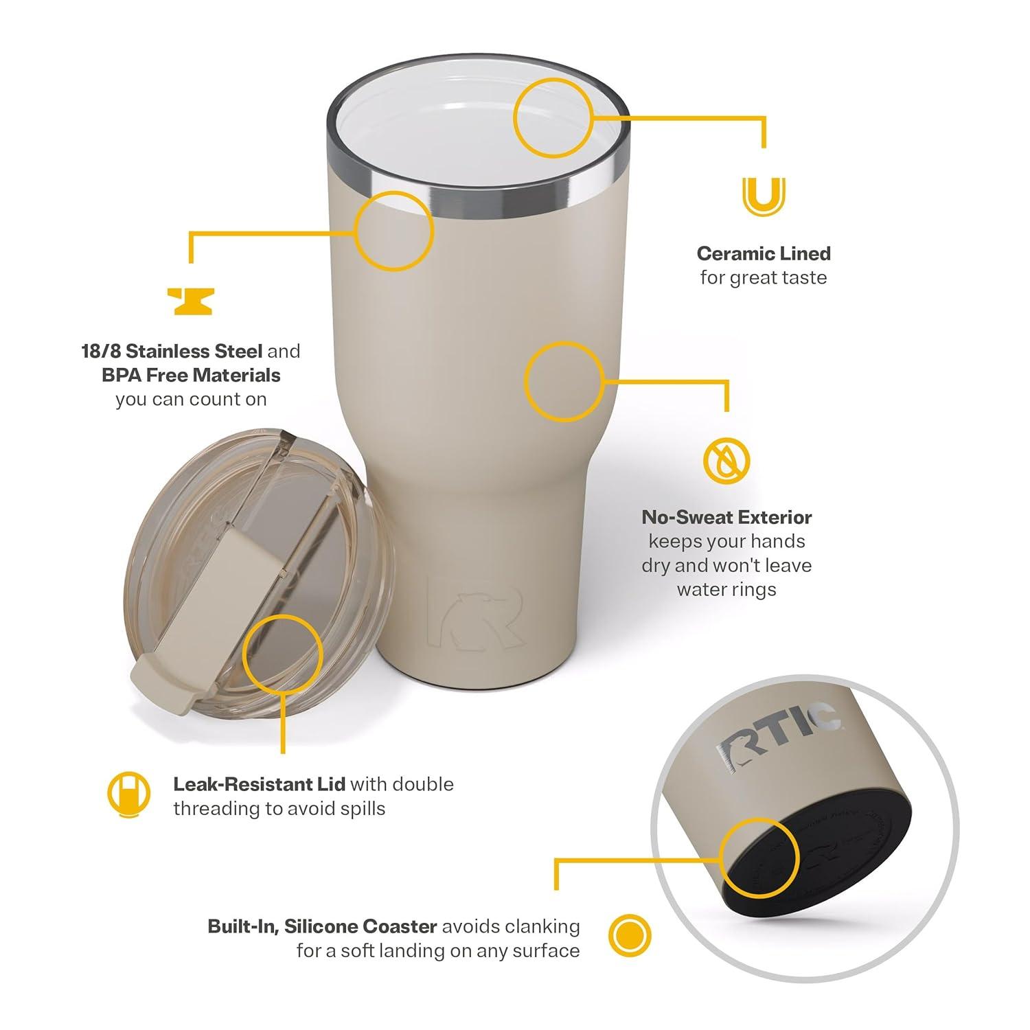 RTIC 40 oz Ceramic Lined Insulated Essential Tumbler, Leak-Resistant Lid, Navy