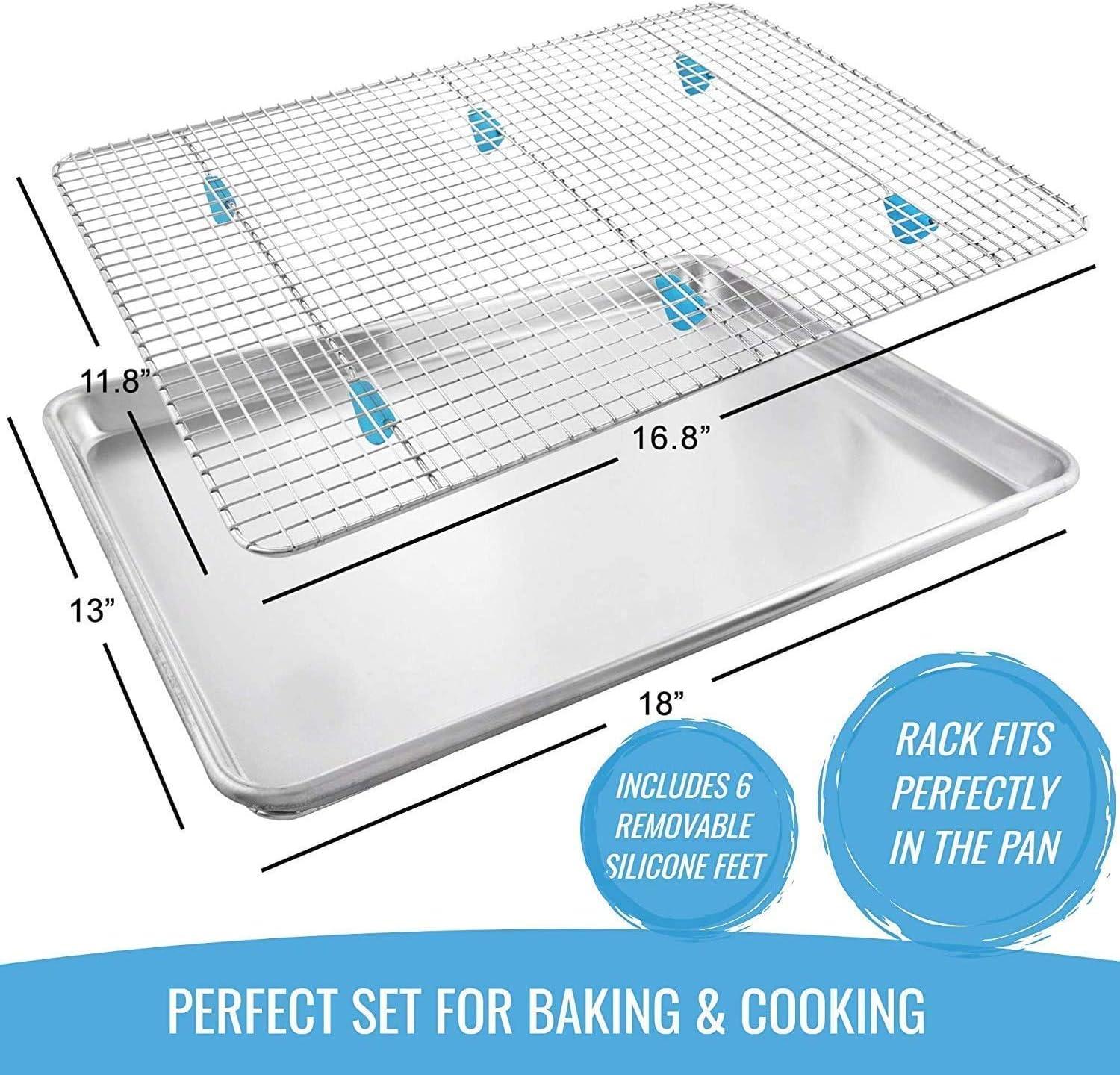 Baking Sheet with Wire Rack Set - Exclusive Silicone Feet Prevent Scratches - Bacon Rack for Oven - Aluminum Half Sheet Pans for Cooking with Stainless Steel Wire Baking Rack for Oven C