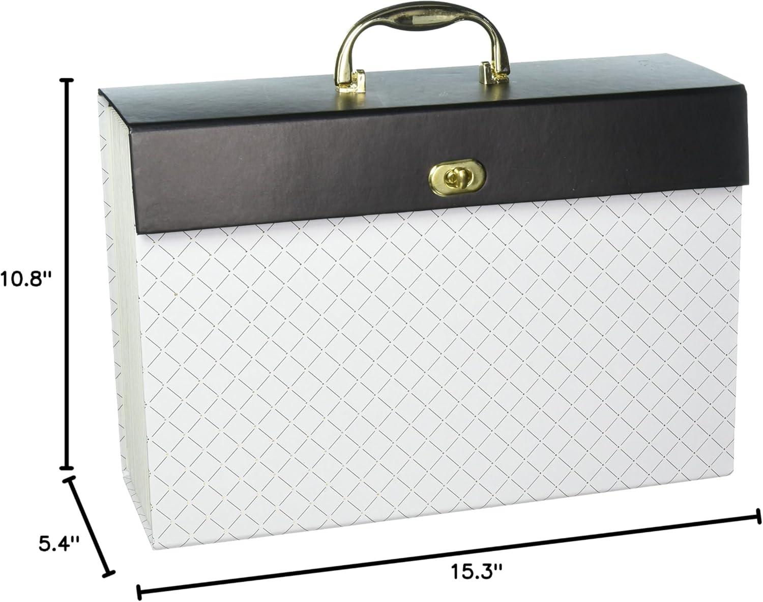 White and Black Diamond Pattern Expanding File Box with Gold Accents