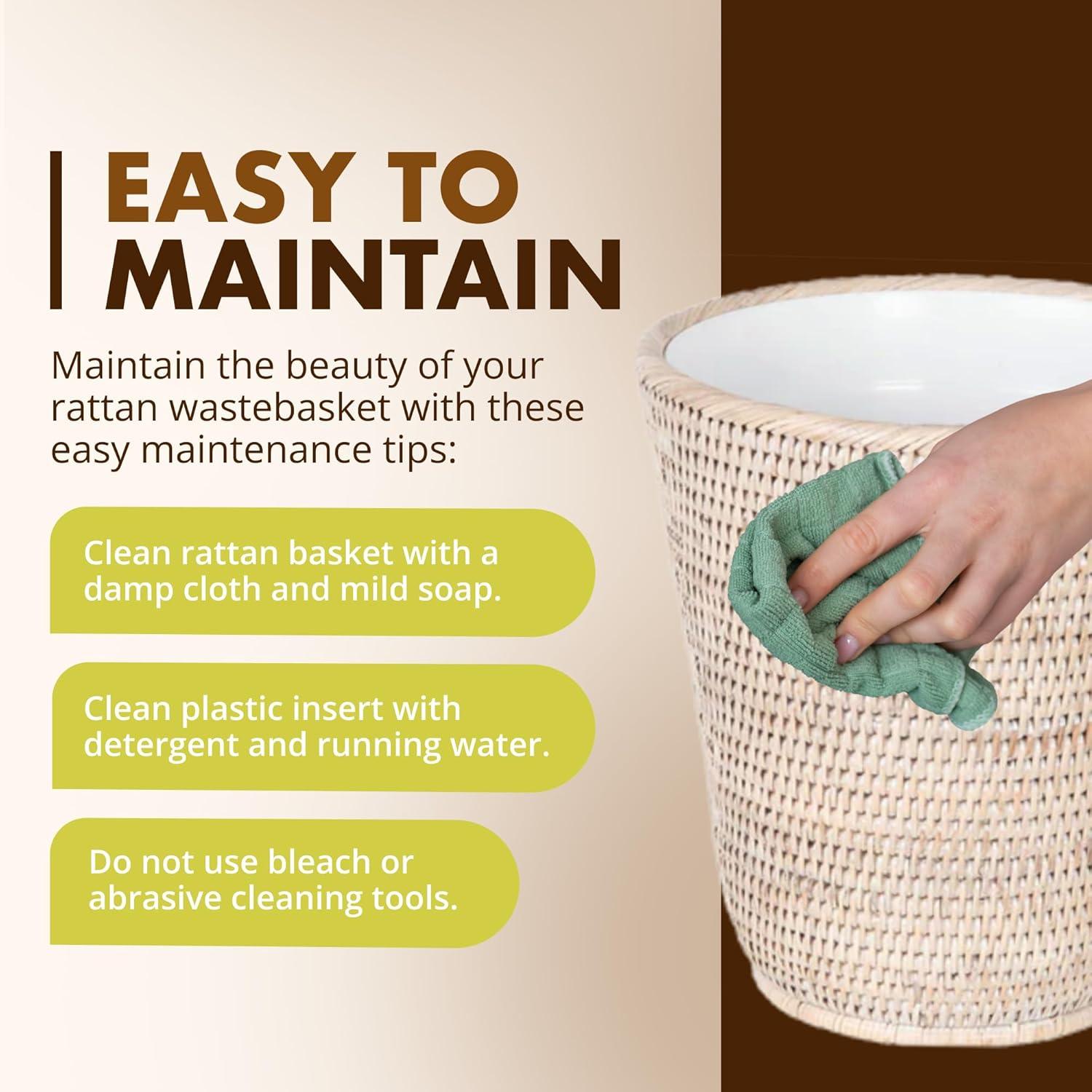 Kouboo La Jolla Rattan Waste Basket With Plastic Insert, Handmade, Trash Can, Small Rattan Bin For Bedroom, Bathroom, White Wash