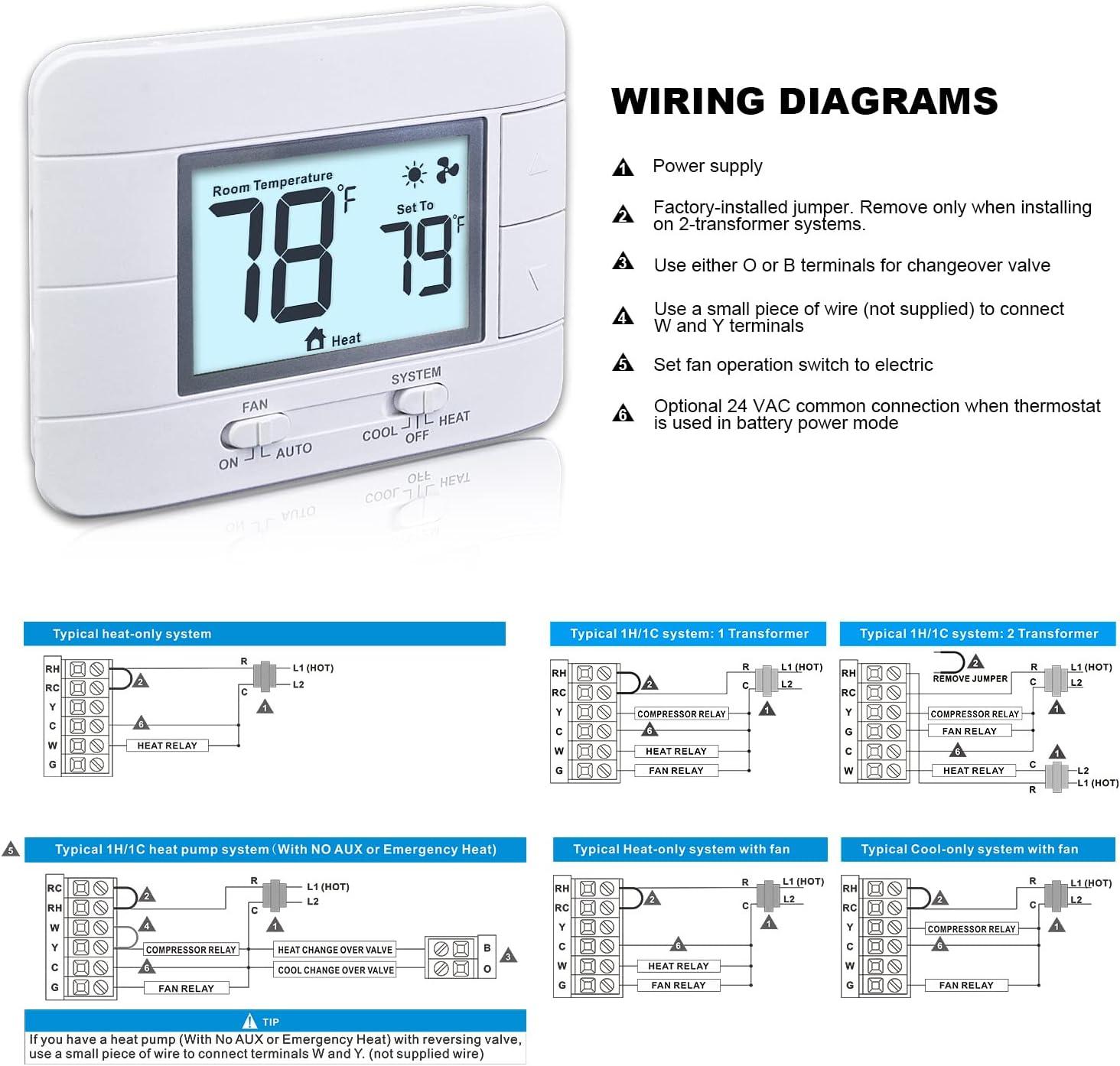 Non Programmable Thermostat for Home 1 Heat/ 1 Cool Single-Stage System, with Room Temperature Monitor (LCD White Backlit Screen)