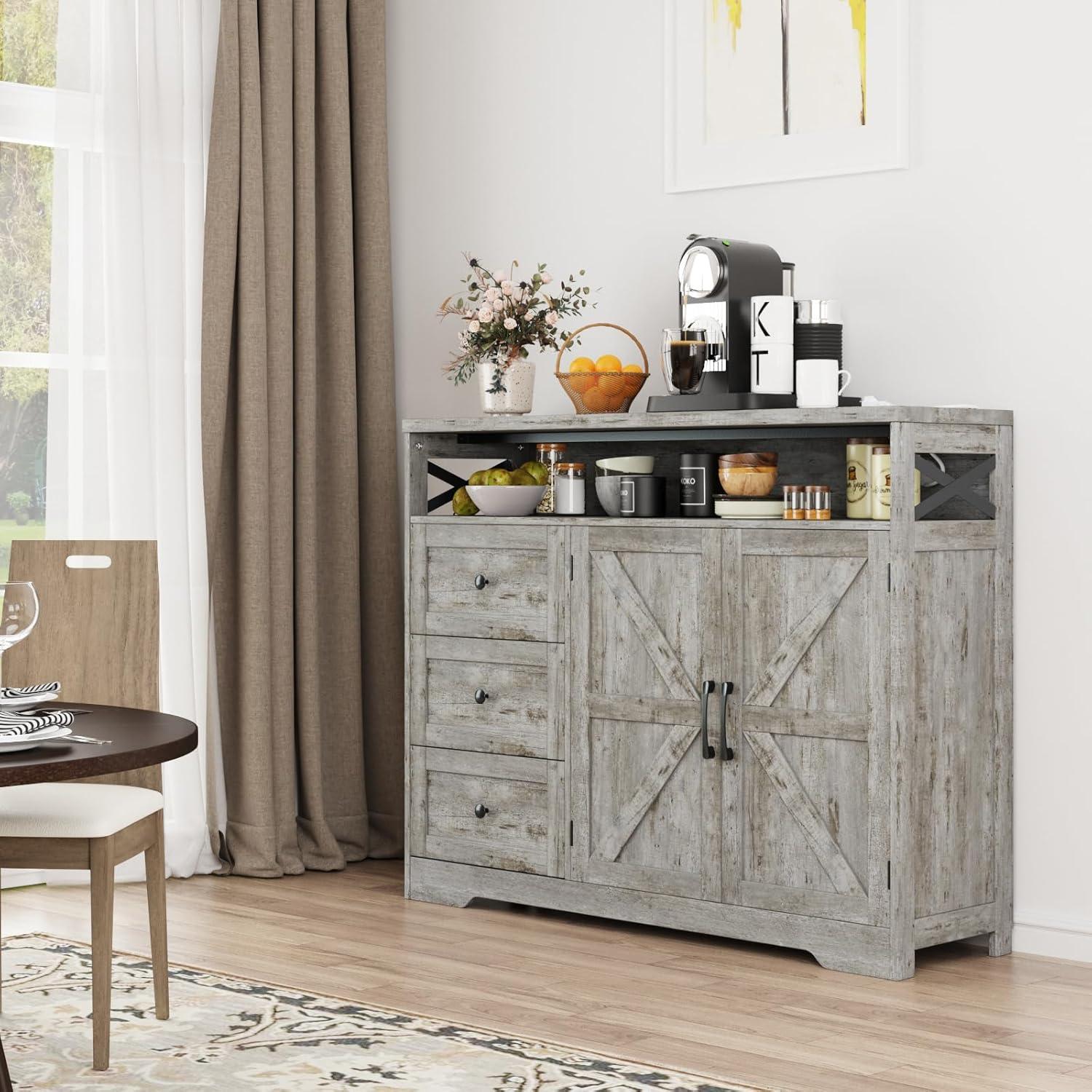 47" Distressed Grey Farmhouse Storage Cabinet with Doors & Drawers, Sideboard Buffet Cabinet with Storage, Kitchen Pantry Hutch, Coffee Bar Station Table for Kitchen, Living Room, Dining Room