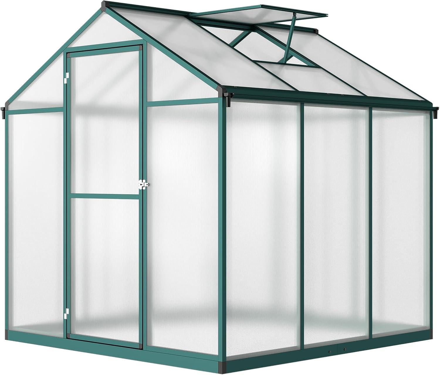 Green 6x6 FT Polycarbonate Walk-In Greenhouse with Roof Vent