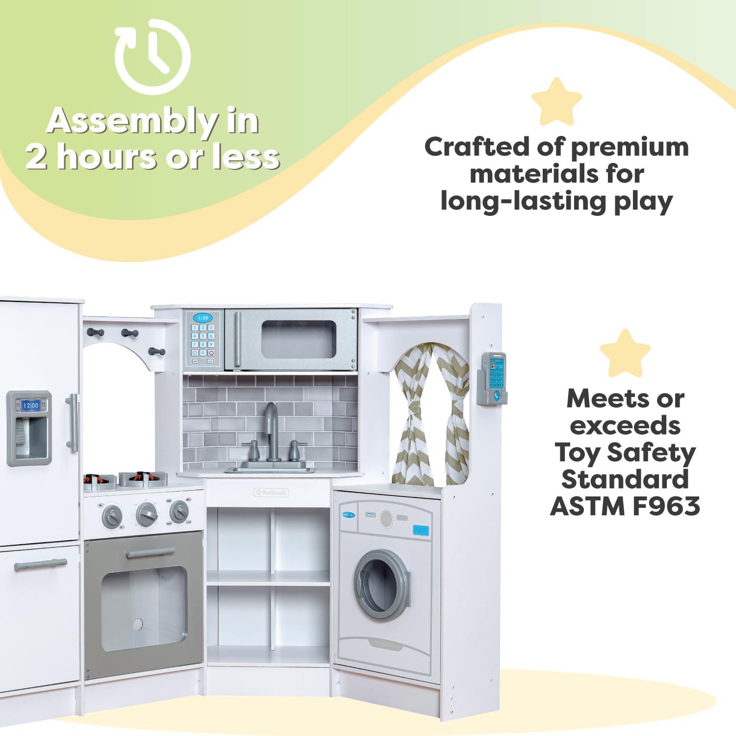 KidKraft Ultimate Corner Play Kitchen with Lights & Sounds - White with 1 Piece Accessory Play Set