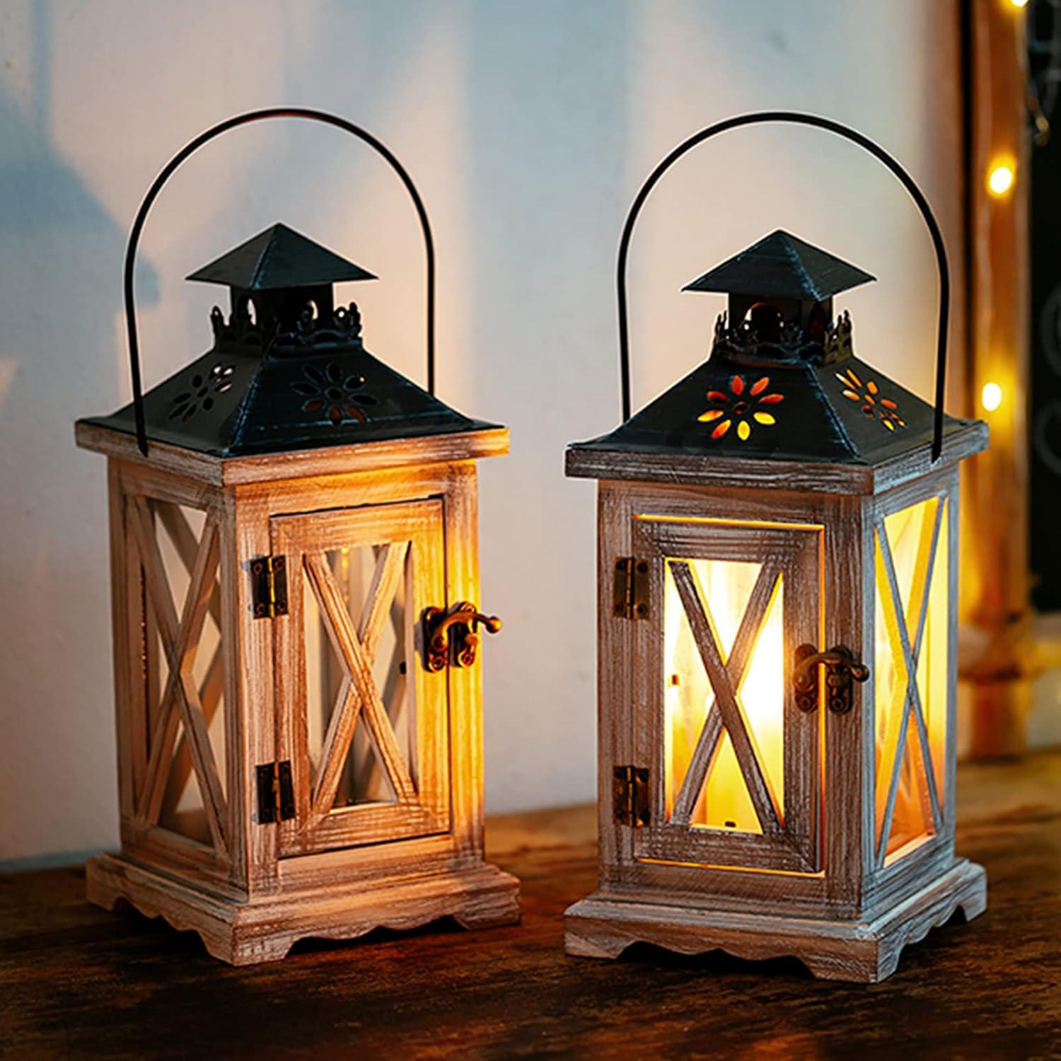 Distressed White Pine Wood Hanging Lantern with Metal Top