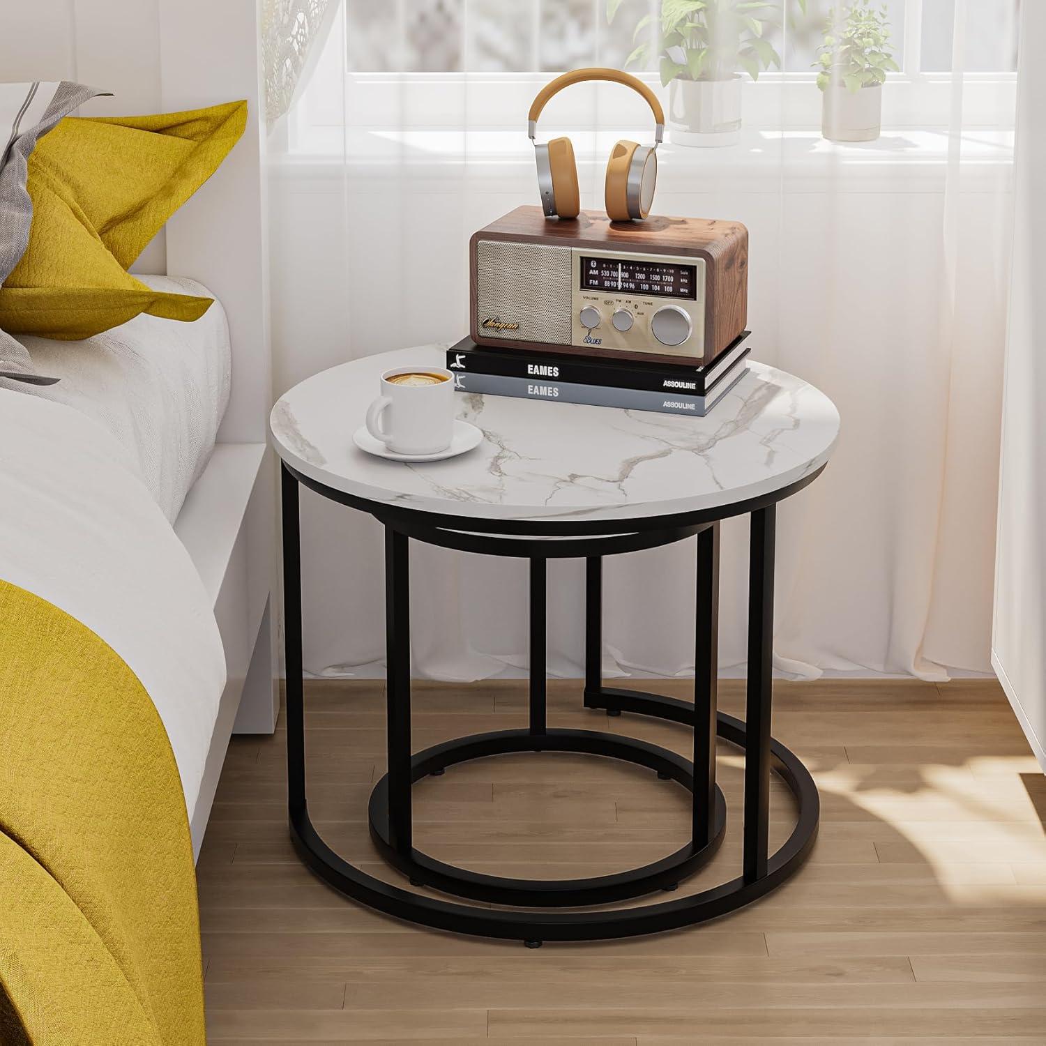 White and Black Round Wood Nesting Coffee Table Set