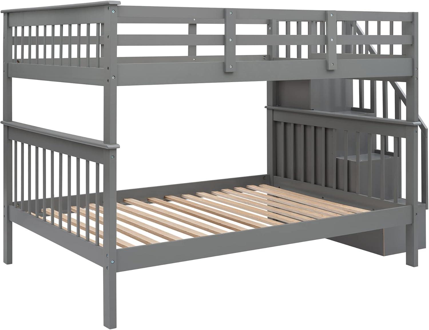 Full Over Full Bunk Beds with Drawers and Stairs Stairway Bunk Bed Frame with Storage Shelves for Kids Teens Adult, Wood Full Bunk Bed for Boys Girls Adults, Gray