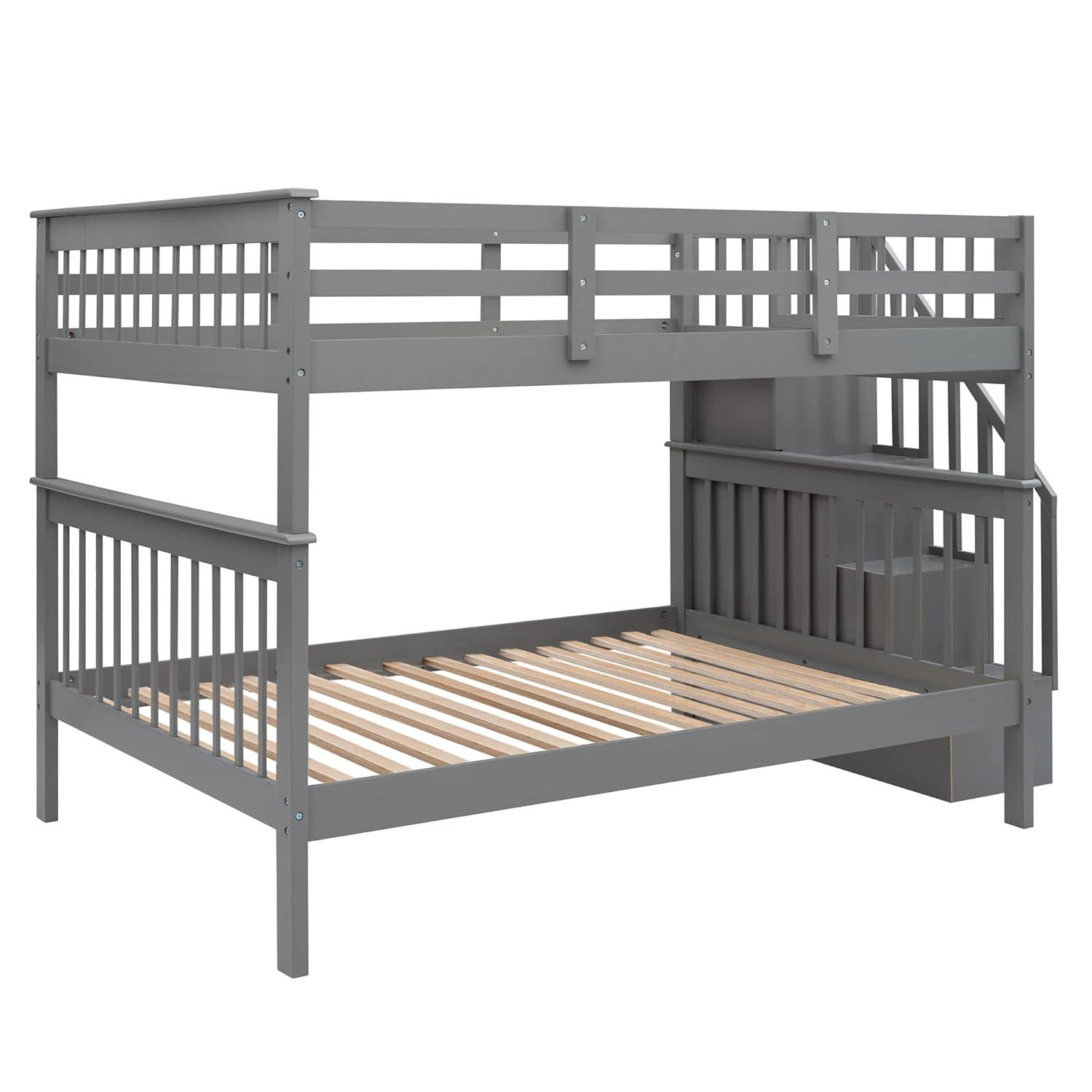 Full Over Full Bunk Beds with Drawers and Stairs Stairway Bunk Bed Frame with Storage Shelves for Kids Teens Adult, Wood Full Bunk Bed for Boys Girls Adults, Gray