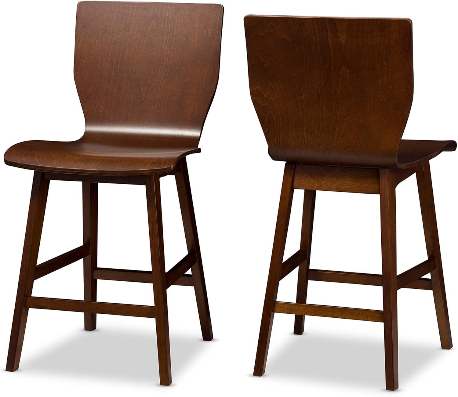 Set of 2 Elsa Mid - Century Modern Scandinavian Style Bent Wood Counter Height Barstool - "Walnut" Dark Brown - Baxton Studio