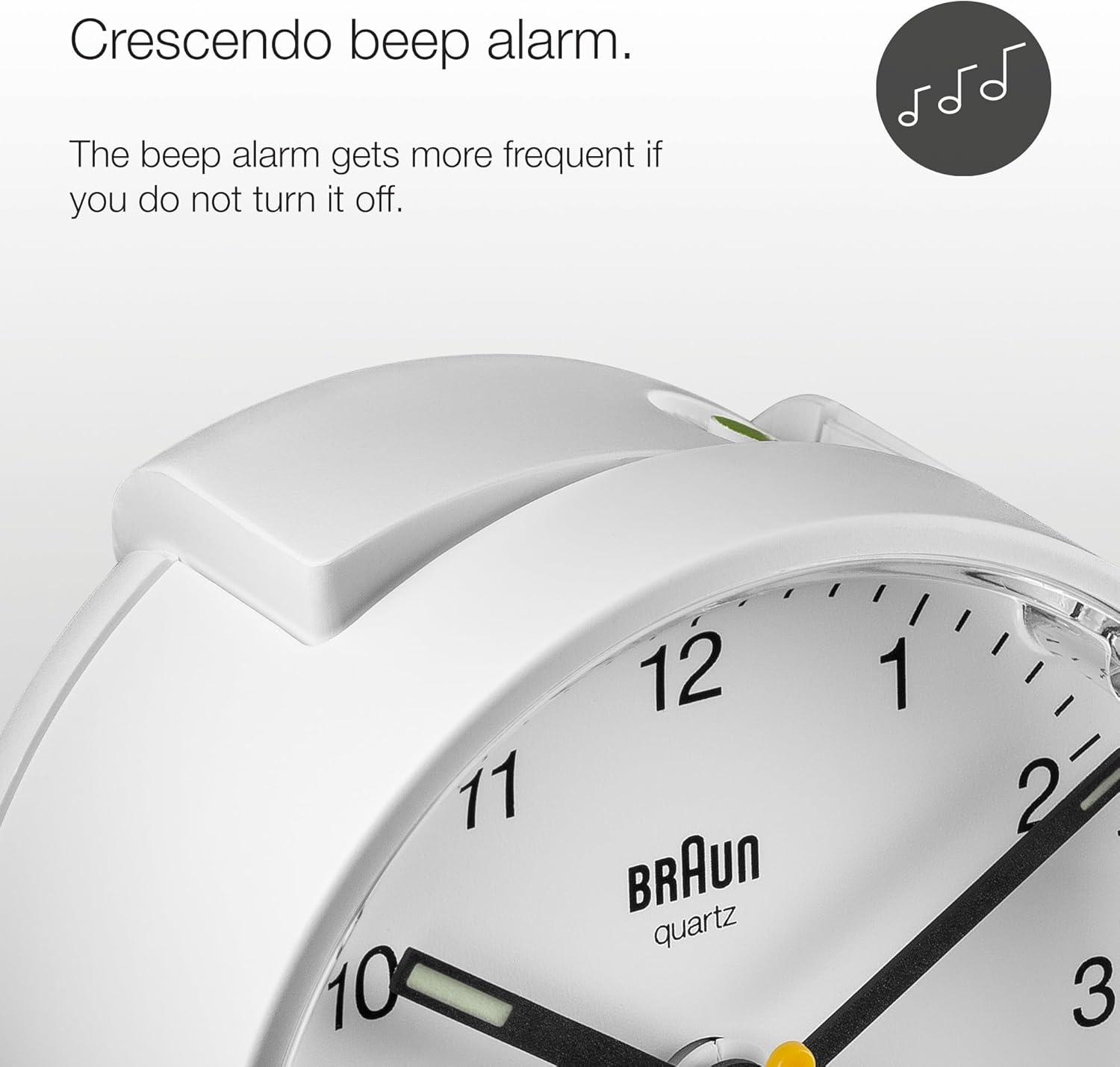 Braun Classic Analogue Alarm Clock with Snooze and Light, Quiet Quartz Movement, Crescendo Beep Alarm in White, Model BC01W.