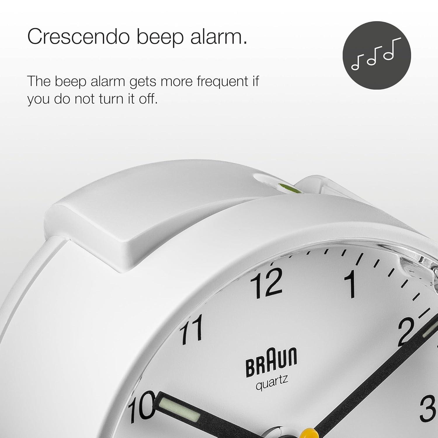 Braun Classic Analogue Alarm Clock with Snooze and Light, Quiet Quartz Movement, Crescendo Beep Alarm in White, Model BC01W.
