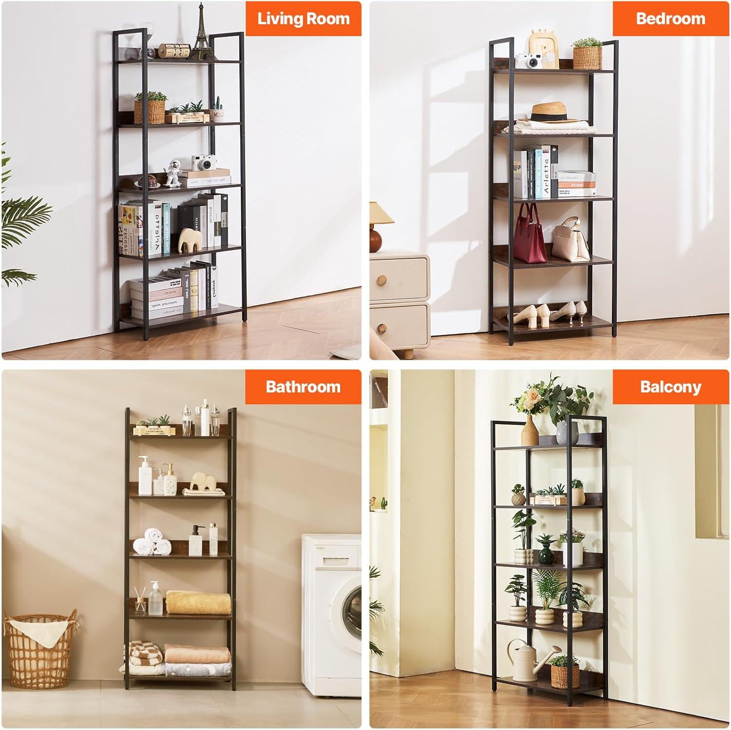 VEVOR Metal Bookshelf, 5-Tier Tall Industrial Bookshelf, Rustic Display Vintage Storage Bookcase with Open Shelves, Freestanding Display Shelving Unit Storage Rack, for Living Room, Bedroom & Office