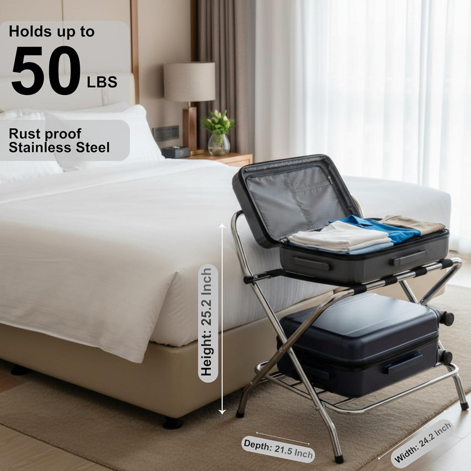 USTECH USTECH Luggage Rack-Double Tier, Assembled, Chrome, Storage Organizer, Pack of 1,