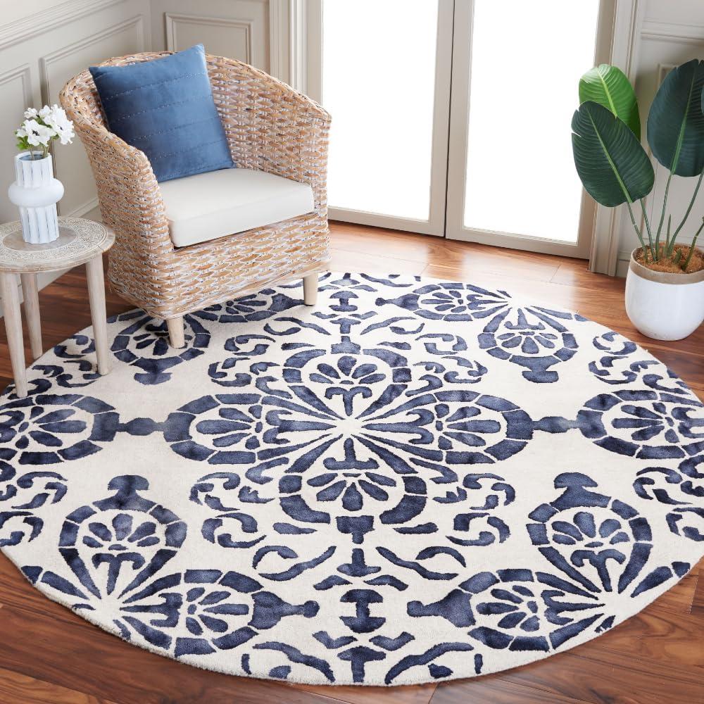 Ivory and Navy Hand-Tufted Wool Round Area Rug