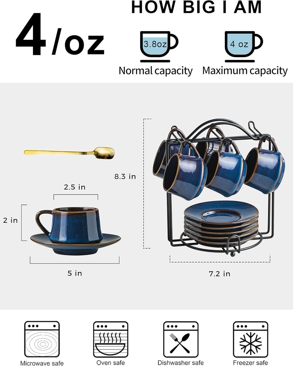 QXXSJ Coffee Cup Set Espresso Cups With Saucers Set With Cup Holder 4 Oz Espresso Cup Set Of 6 - Demitasse Cups Black (Set of 6)