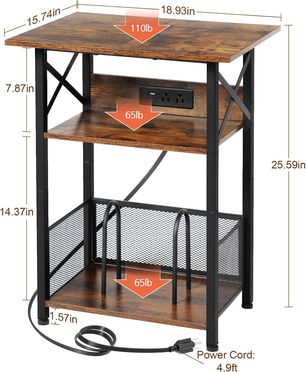 Record Player Stand with Charging Station, Turntable Stand with Storage Cabinet, 3 Tier End Table Hold Up to 100 Albums, Record Stand for Vinyl, Living Room, Rustic Brown