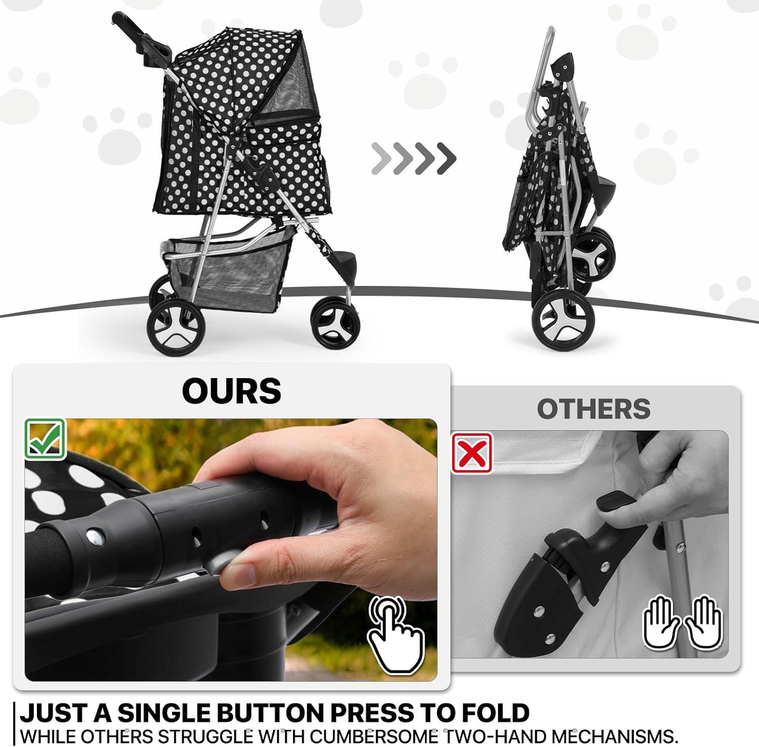 MoNiBloom 3 Wheel Folding Pet Dog Stroller, Foldable Lightweight Trolley with Storage Basket, Cup Holder and 360° Rotating Front Wheel for Small Medium Dogs, Black with White Polka Dots