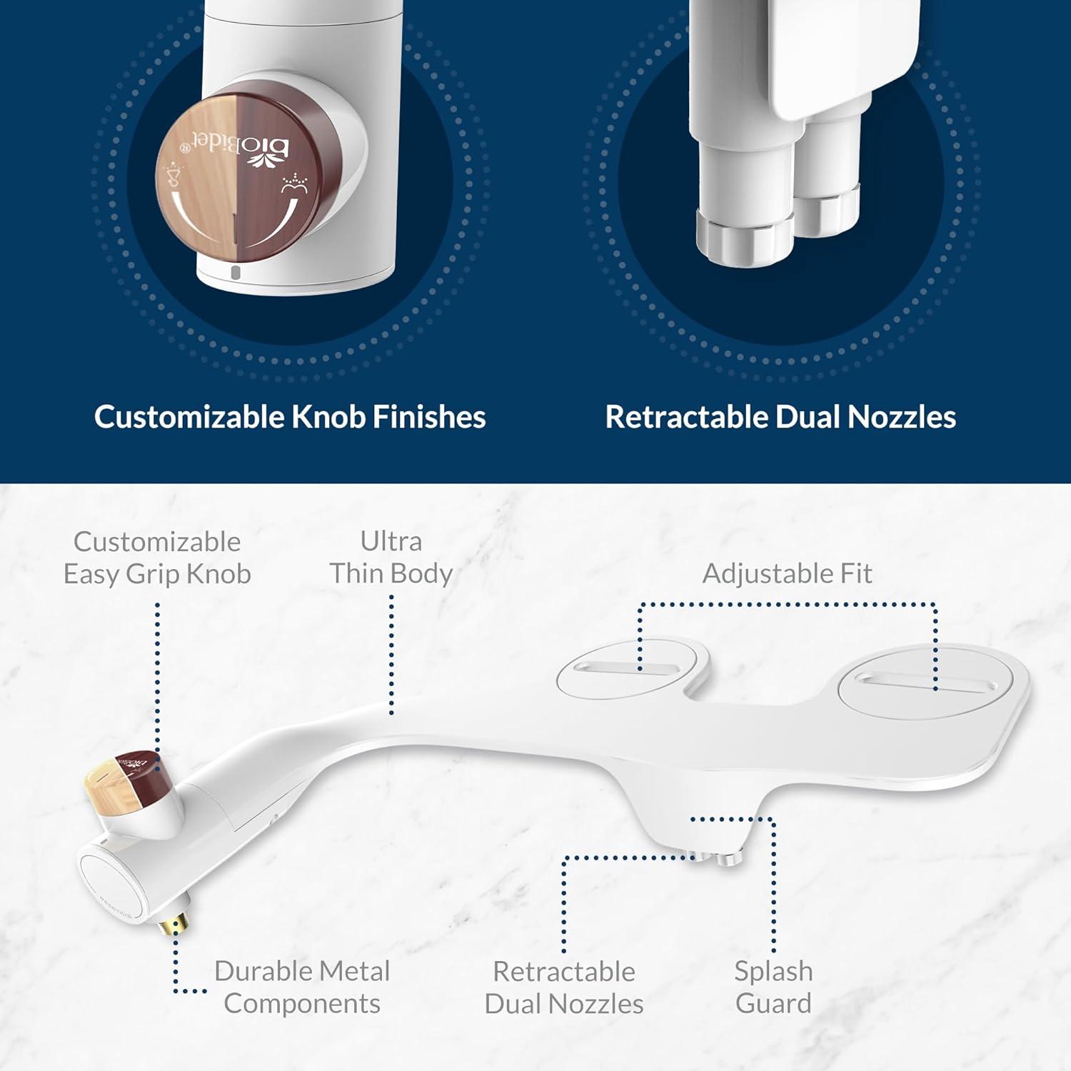 Bio Bidet Essential Bidet Toilet Attachment in White with Dual Nozzle, Fresh Water Spray, Non Electric, Easy to Install, Brass Inlet and Internal Valve,