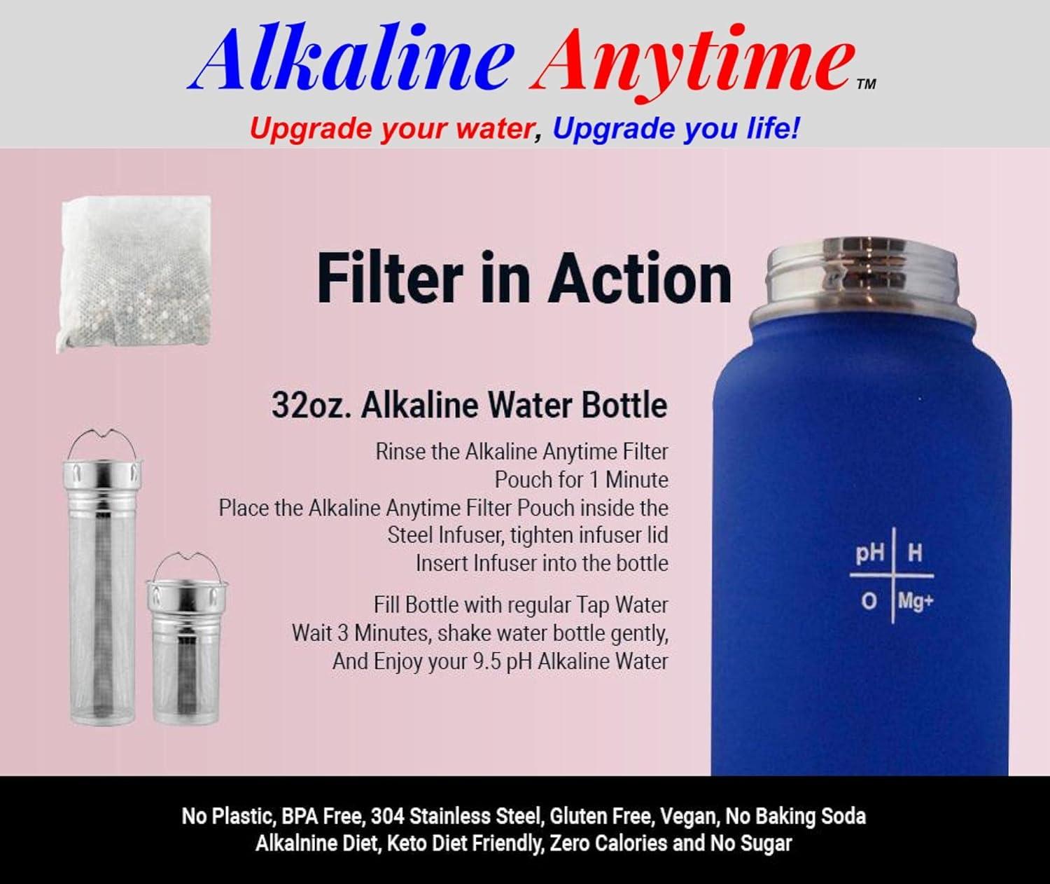 32oz. Alkaline Water Bottle Stainless Steel | Creates pH Water up to 9.5+ pH | Wide Mouth Vacuum Insulated With Handle | Micromesh Pouch and Infuser