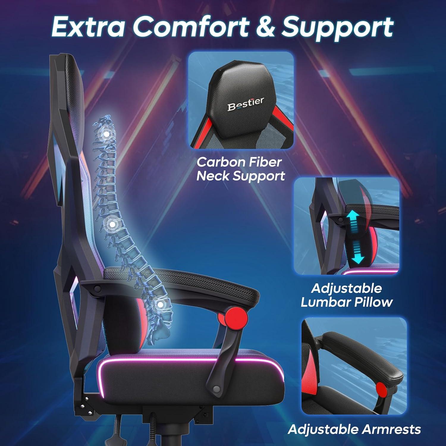 Bestier Black Red LED Gaming Chair with Breathable Fabric