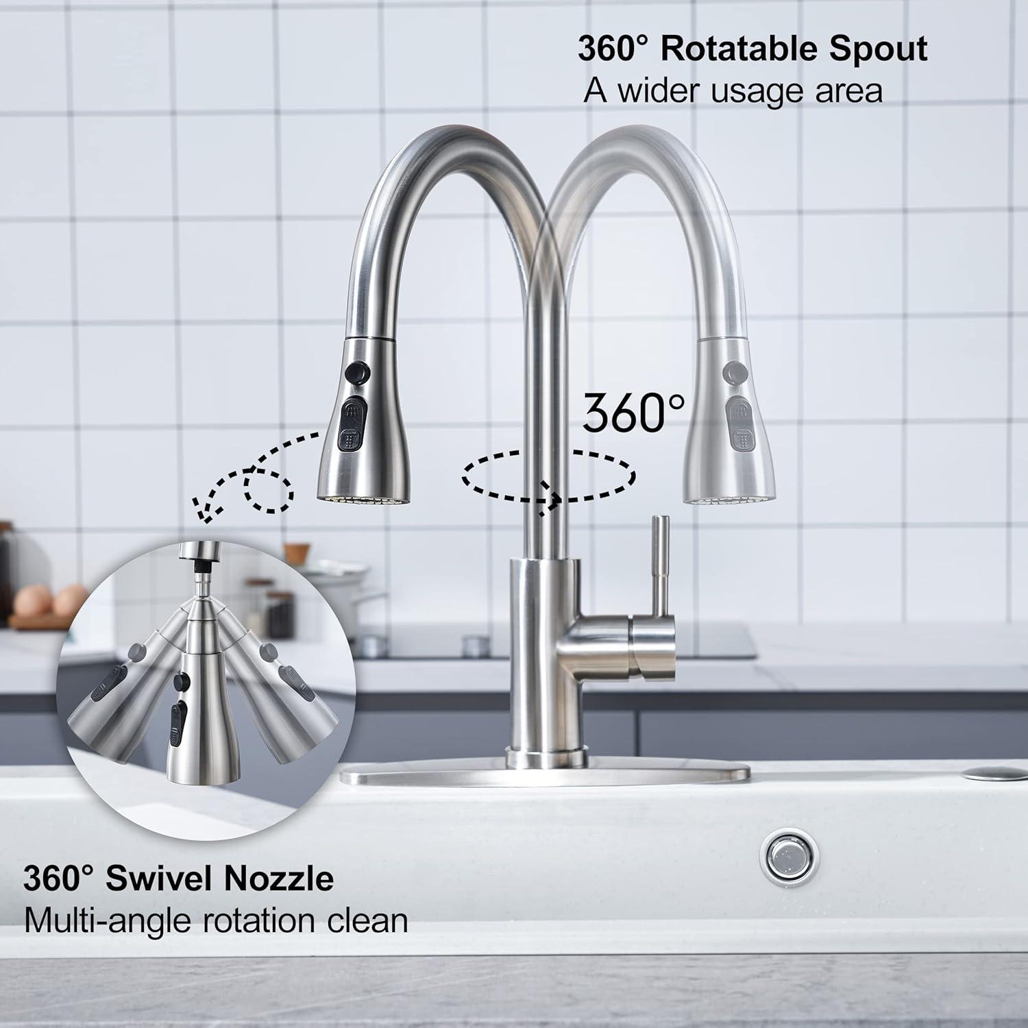 PHANCIR Kitchen Faucet with Pull Down Sprayer, High Arc Single Handle Kitchen Sink Faucets with Pause Button Premium Brushed Nickel with Deck Plate Suit to 1 or 3 Holes