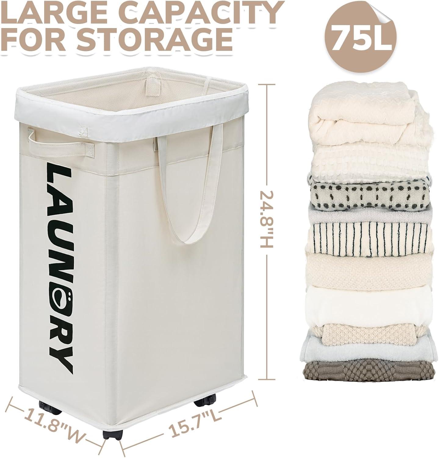 White 75L Upright Laundry Hampers with Wheels and Handles