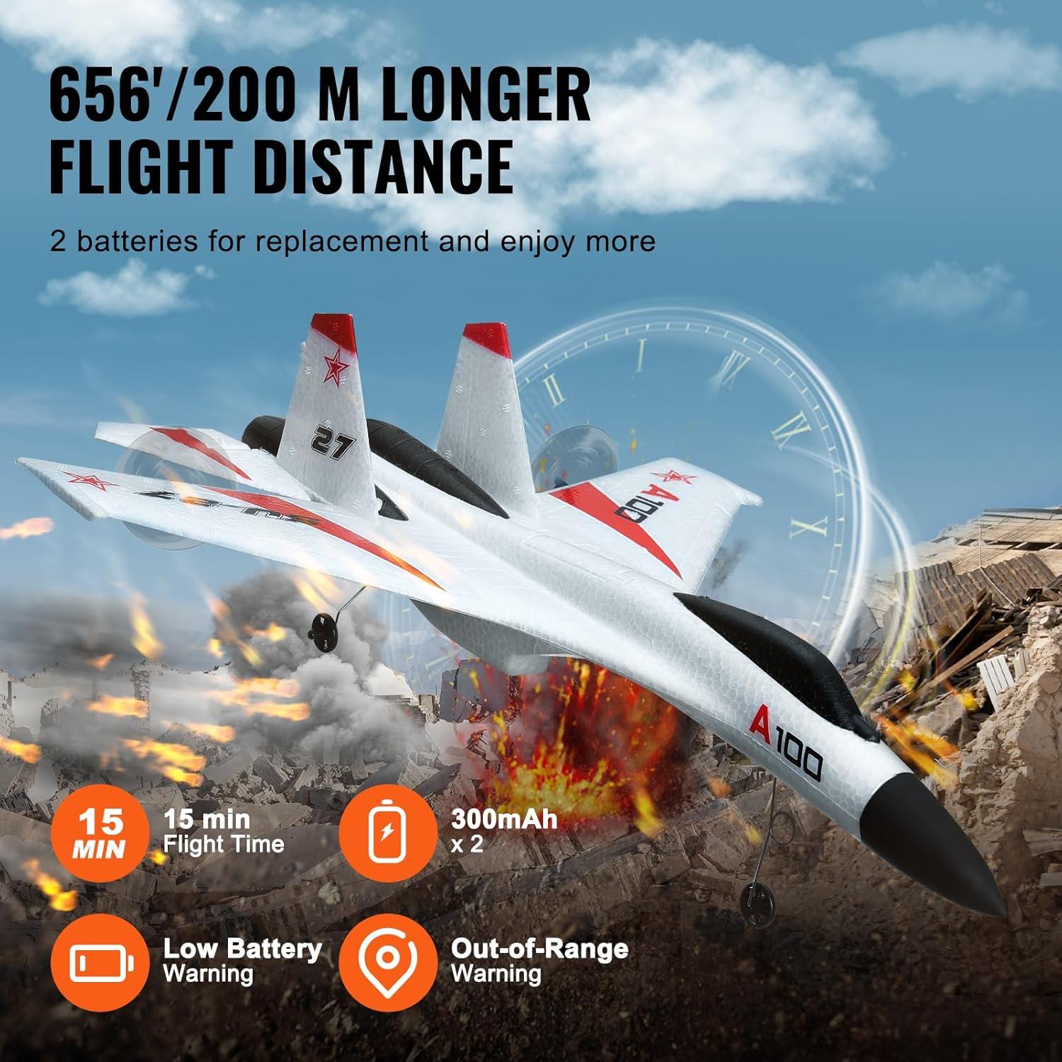 VEVOR White and Red EPP Foam RC Fighter Plane with Gyroscope