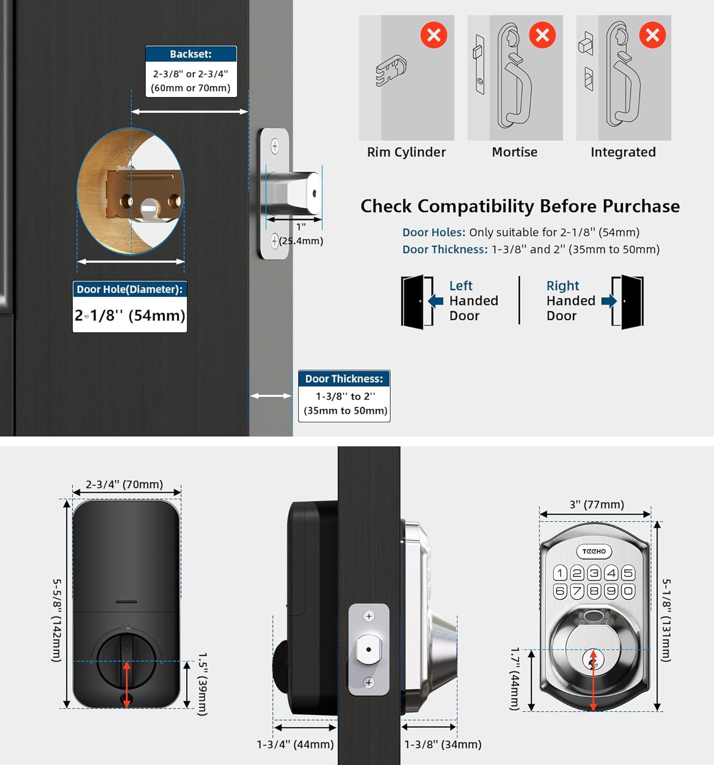 TEEHO Fingerpint Keyless Entry Keypad, Smart Digital Deadbolt Door Lock for Front Door, Remotely Share Temporary PIN Code, Easy Installation-Satin Nickel