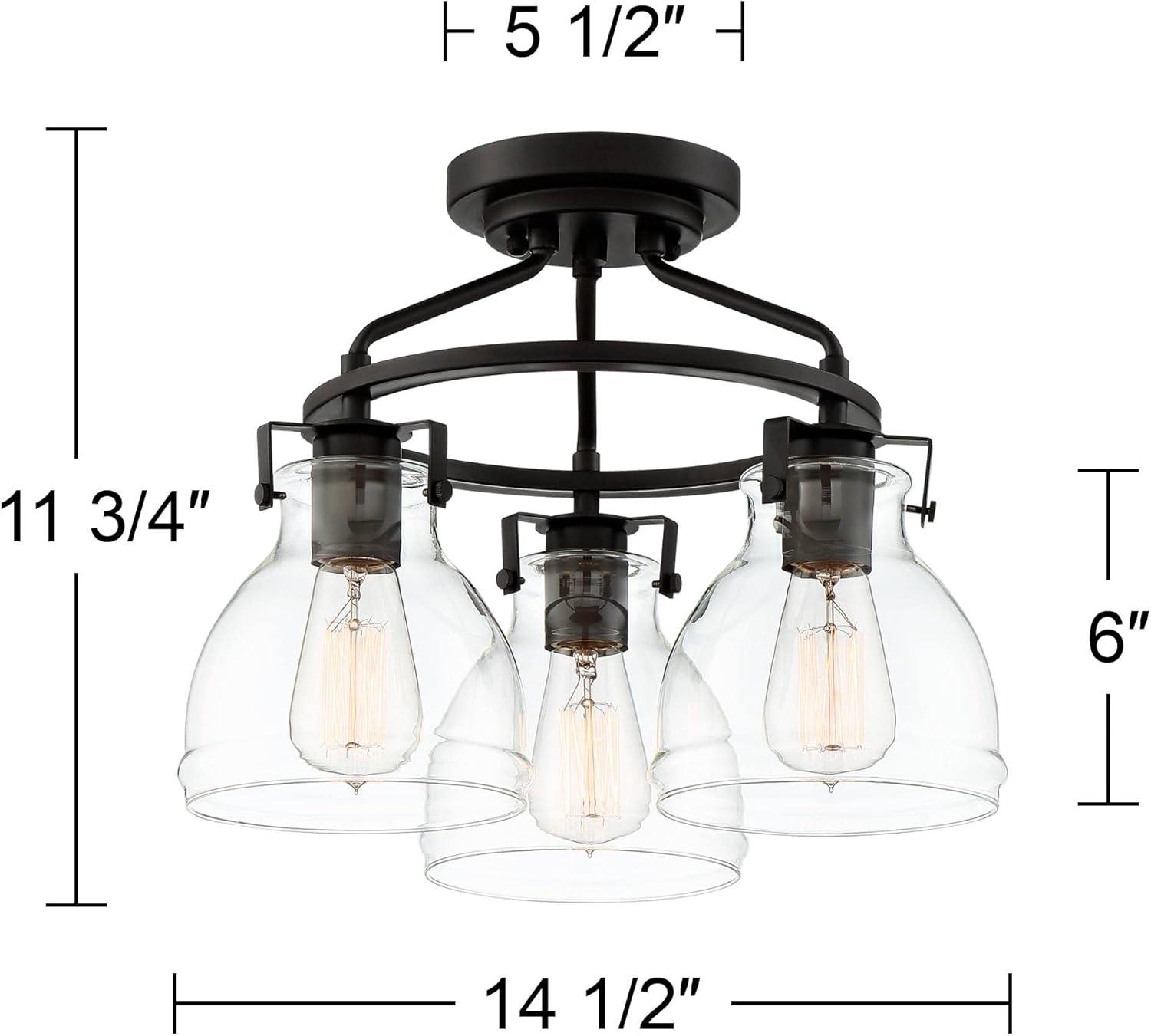 Possini Euro Design Industrial Rustic Farmhouse Ceiling Light Semi Flush Mount Fixture 14 1/2" Wide Bronze 3-Light Clear Glass Shade for Bedroom House