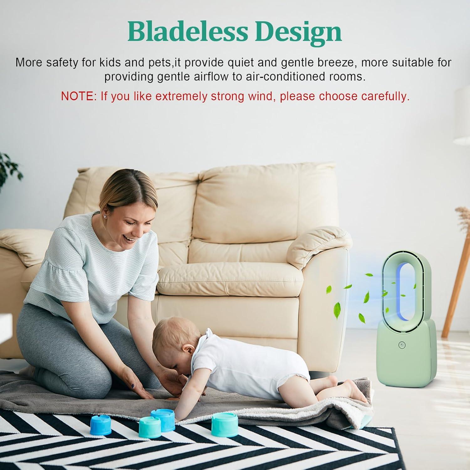 CONBOLA Desk Fan, 11.8 Inch Bladeless Fan Small Table Fan Air Cooler, Portable Rechargeable Breeze Quiet Fan with Touch Control 5-Colors Decorative LED Light for Office Bedroom（Green）