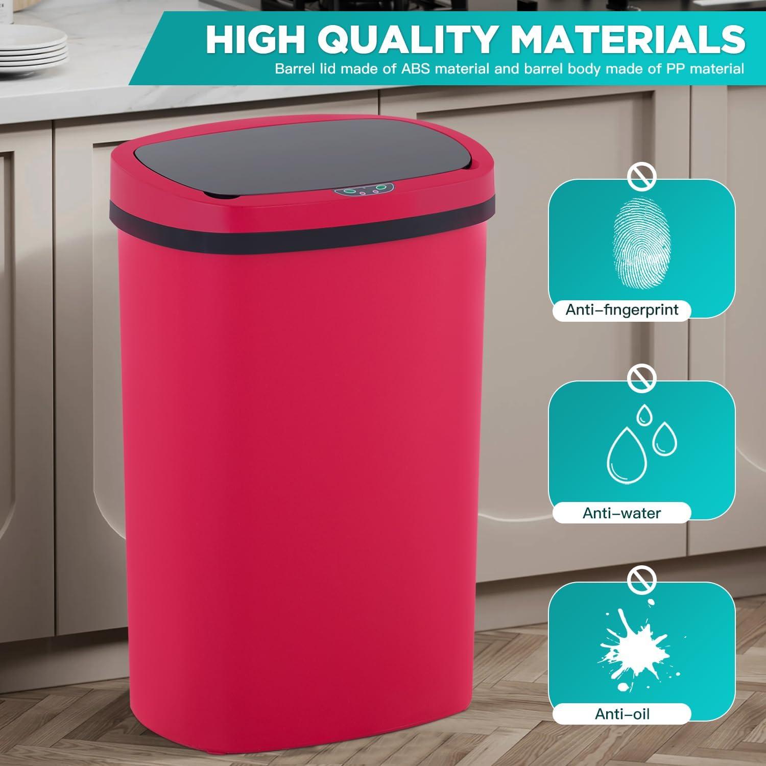 13 Gallon 50L Touch Automatic Stainless Steel Trash Can Garbage Can Metal Trash Bin with Lid for Kitchen Living Room Office Bathroom, Electronic Sensor Automatic Trash Can - Red