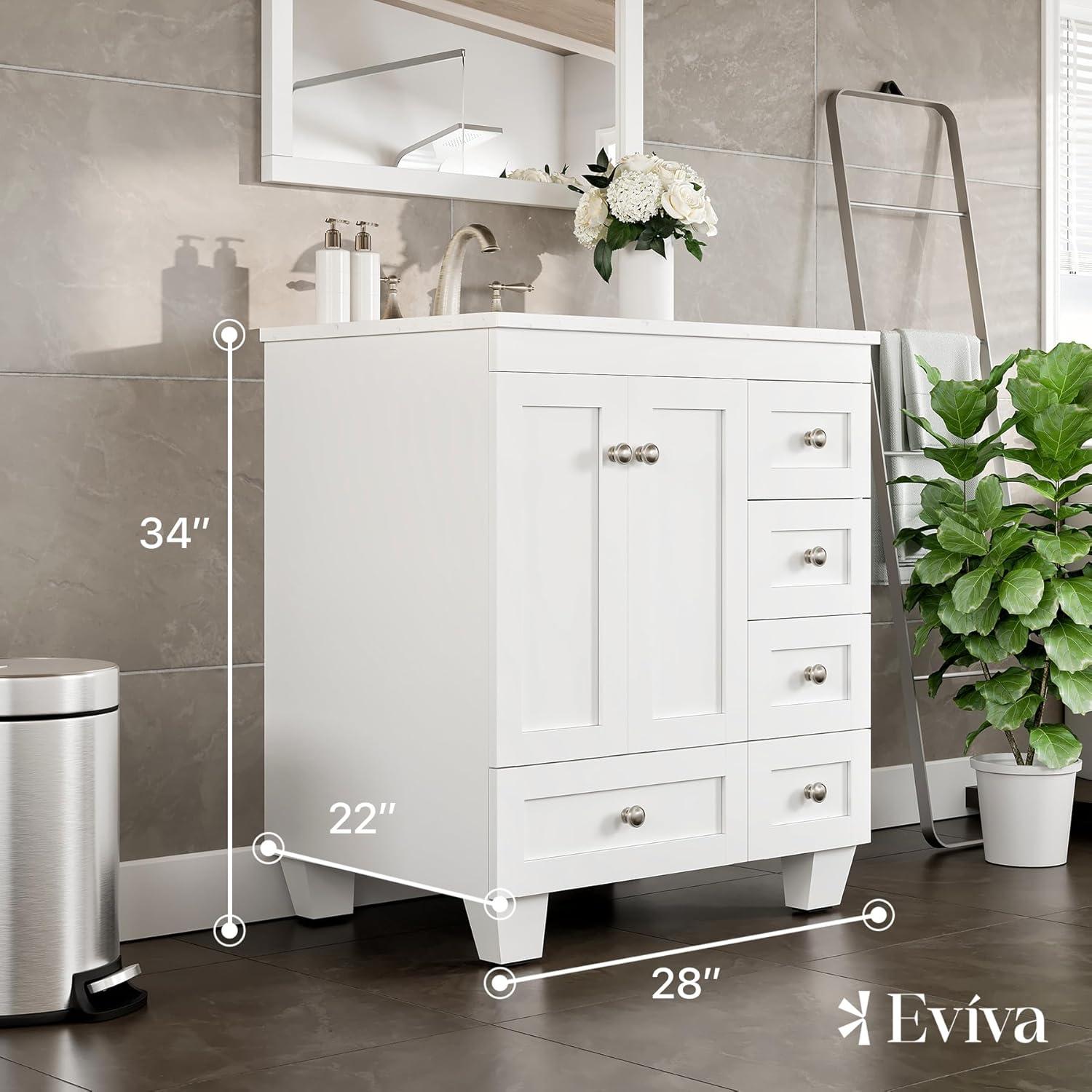 Eviva Happy 28"W x 18"D White Bathroom Vanity with White Carrara Quartz Vanity Top and Rectangular Undermount Sink
