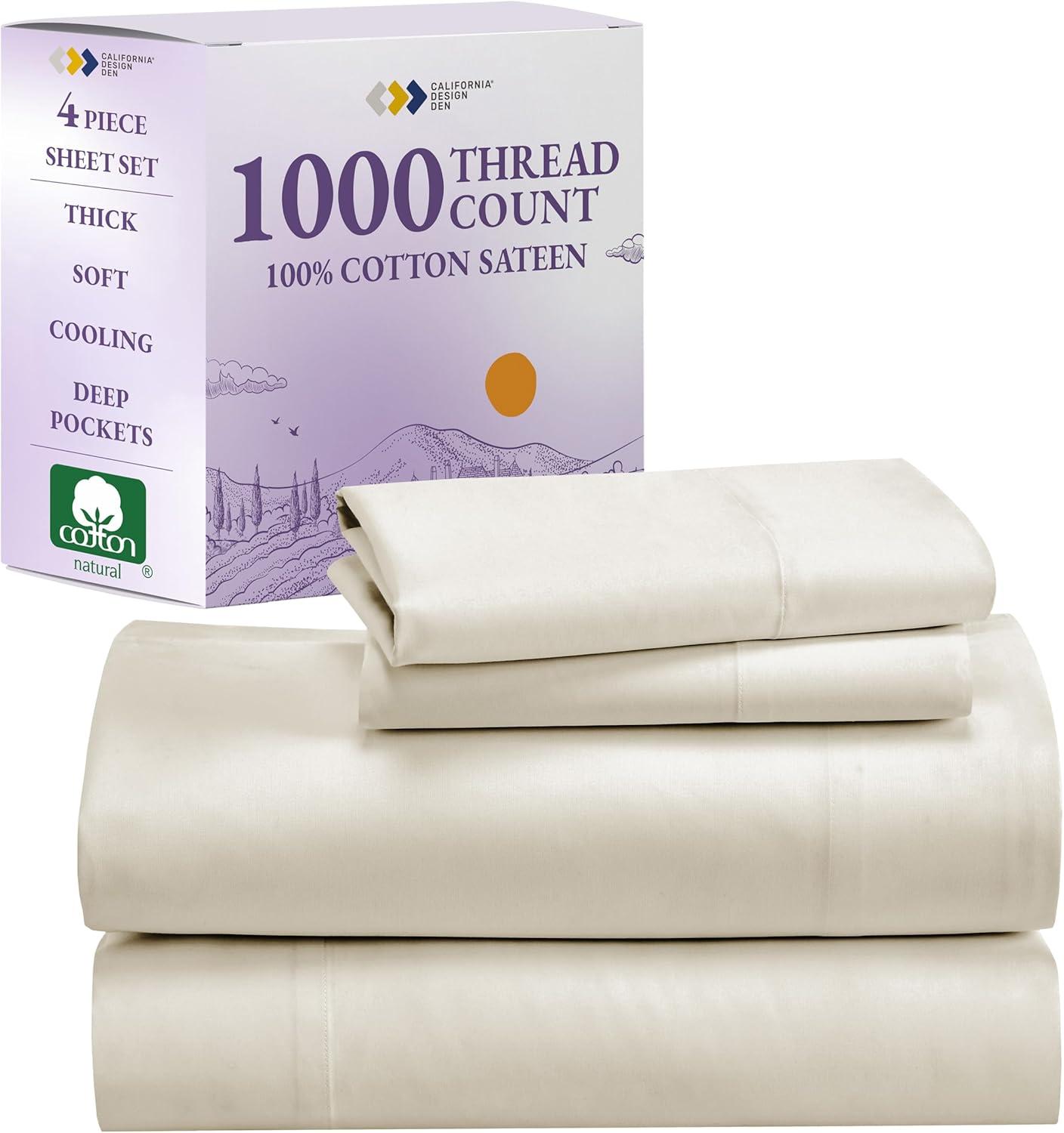 Luxury 1000 Thread Count Bed Sheets Set - 100% Cotton Sateen - Soft, Thick & Deep Pocket by California Design Den - Ivory, King