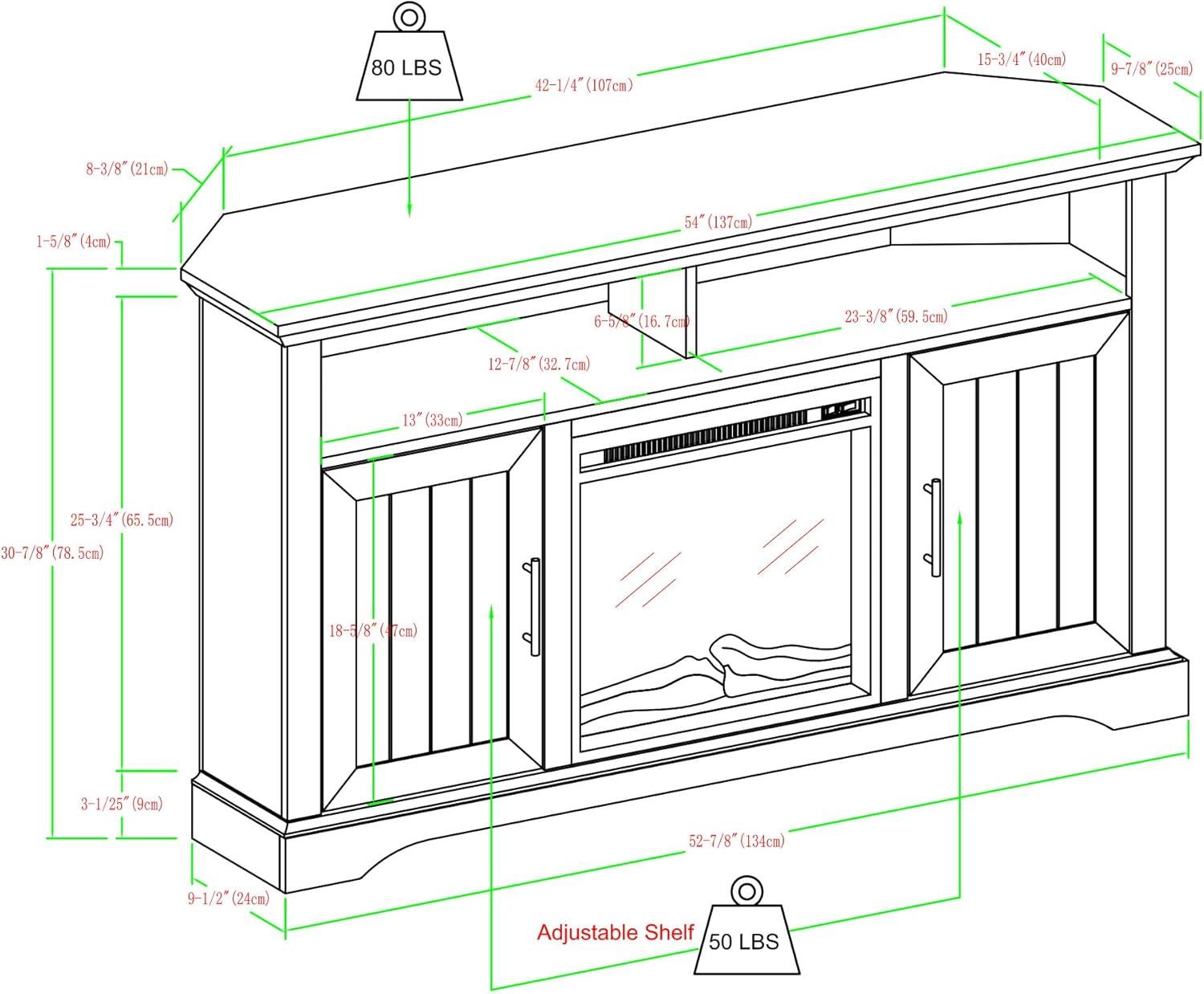 Rustic Oak Corner TV Stand with Fireplace and Cabinet