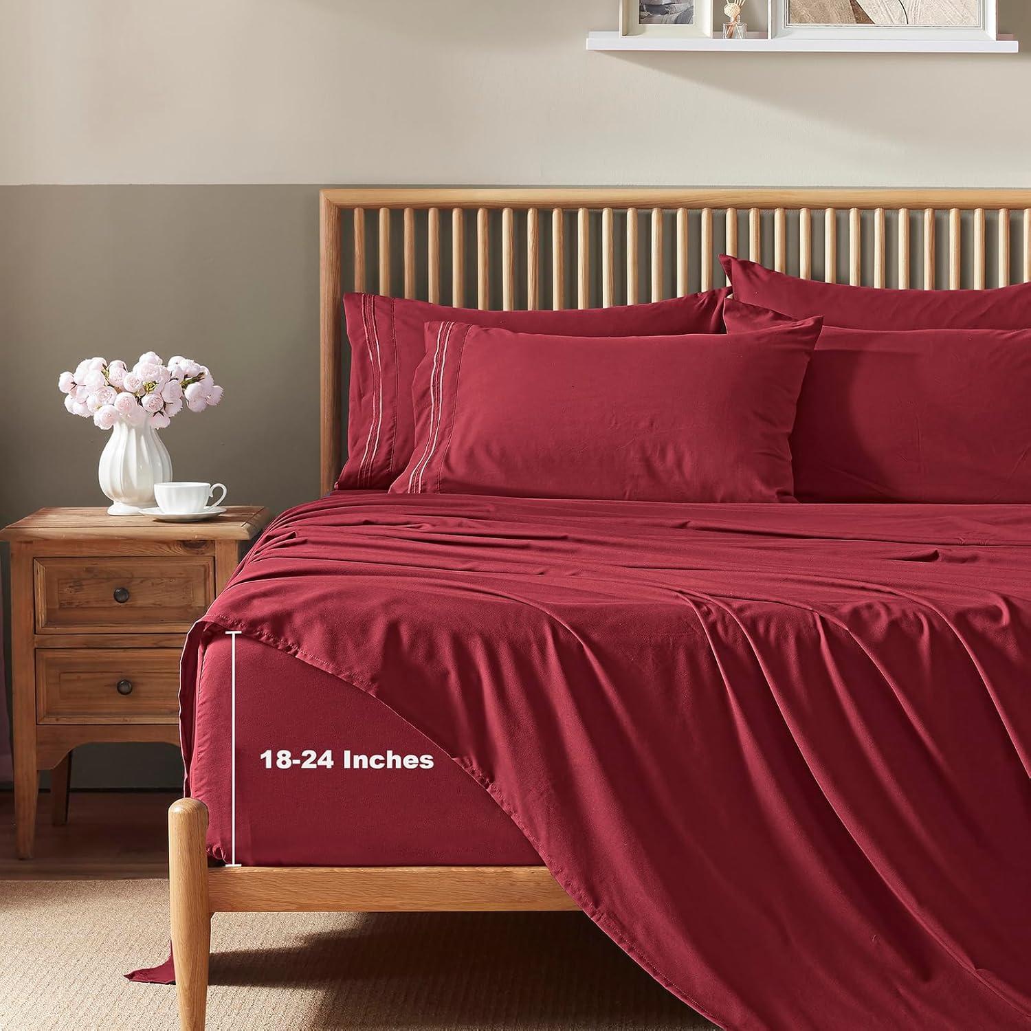 Solid 6 Piece Sheet Set - Ultra Soft - Becky Cameron (Extra Pillow Cases!), Burgundy, King