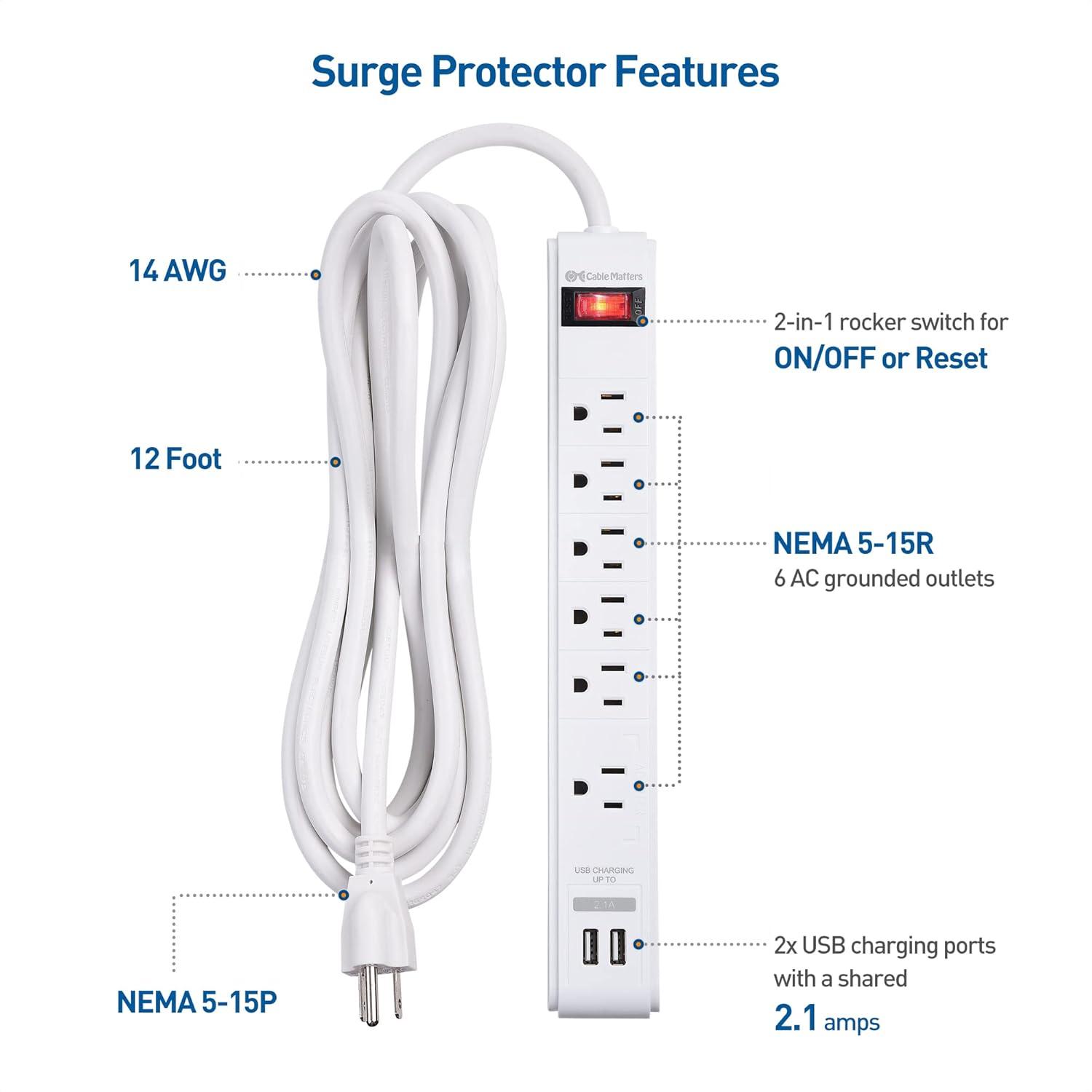 White 6-Outlet Surge Protector Power Strip with USB Ports, 8 ft Cord