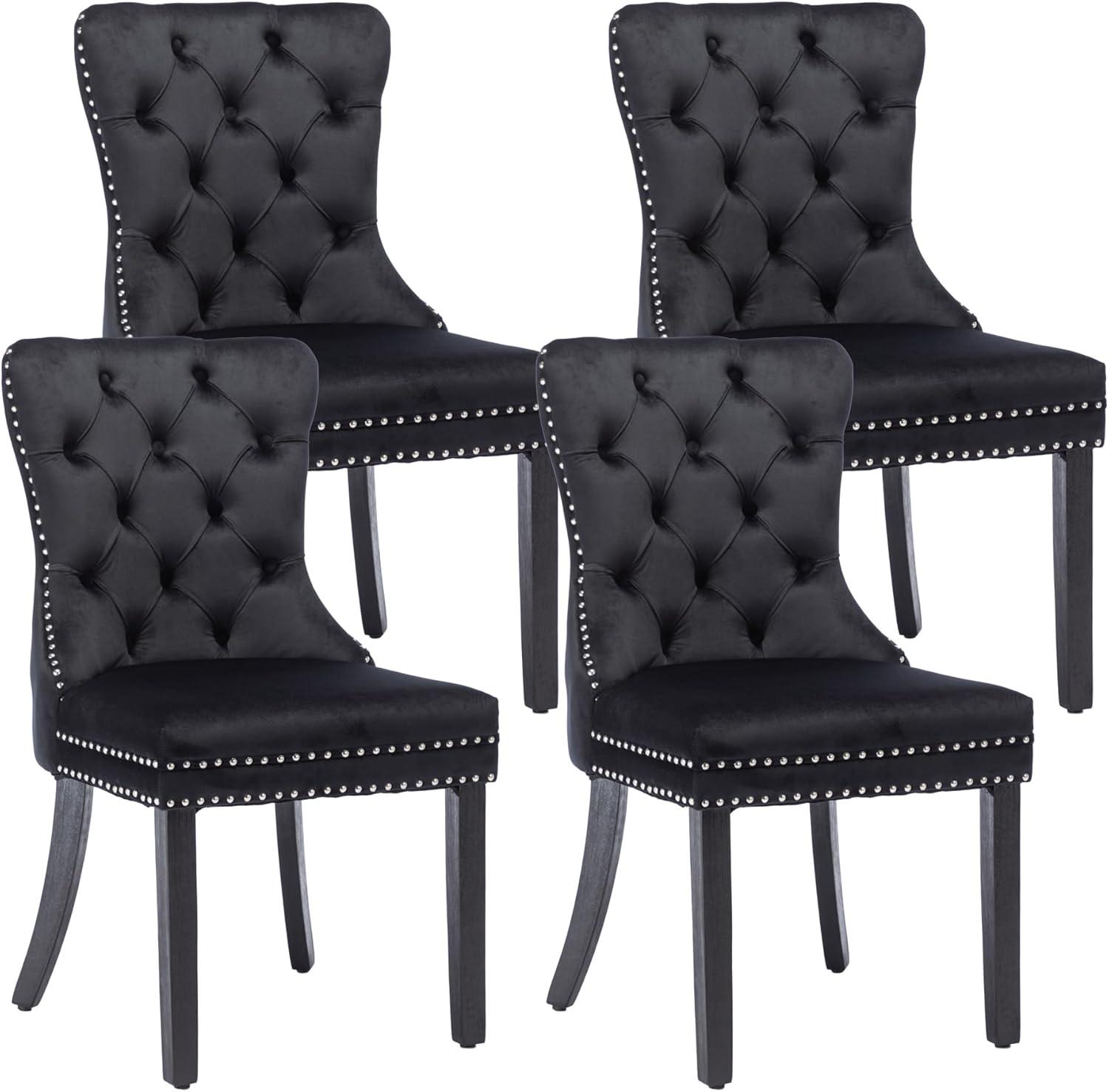 ODUSE-DAILY Black Velvet Dining Chairs Set of 4, Kitchen & Dining Room Chairs, Sillas De Comedor, Nailheads Tufted, Velvet Upholstered, Solid Wood (Black, 4 Pcs)