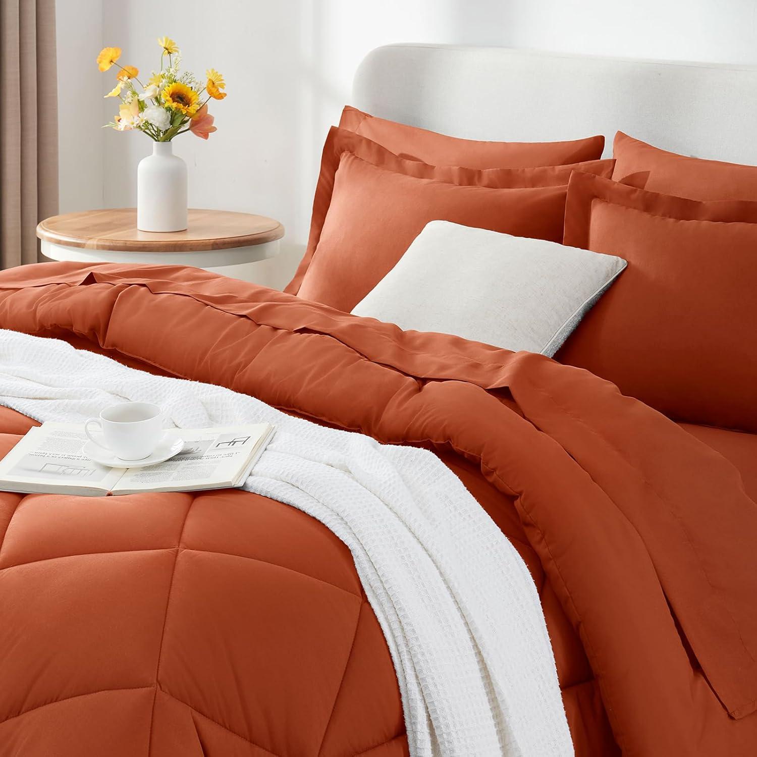 CozyLux Queen Comforter Set 7 Pieces Bed in a Bag Burnt Orange All Season Bedding with Comforter, Pillow Shams, Flat Sheet, Fitted Sheet and Pillowcases