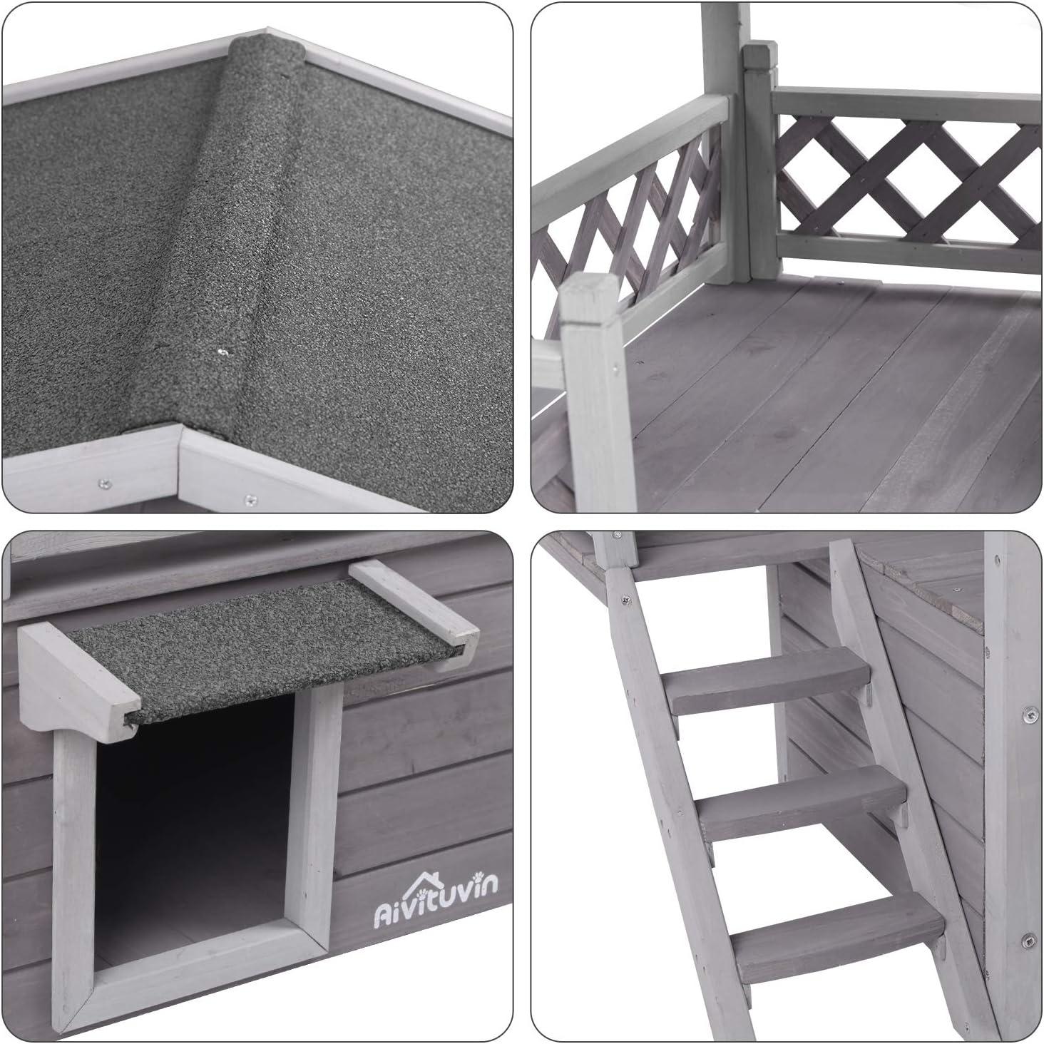 Gray Fir Wood Outdoor Cat House with Stairs and Balcony