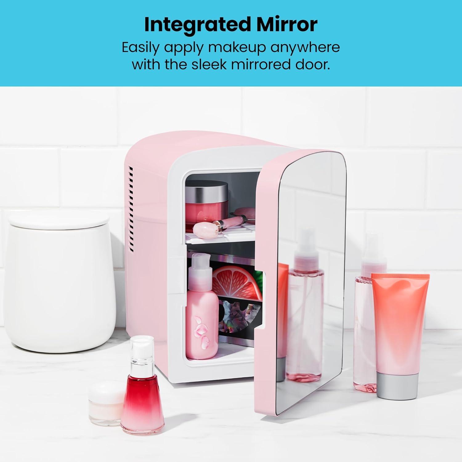 Compact Pink Mirrored Mini Fridge with LED Lighting