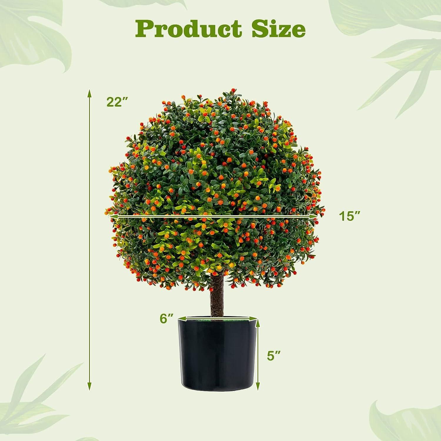 Costway 22'' Artificial Boxwood Topiary Ball Tree 2-Pack Faux Potted Plant w/Orange Fruit