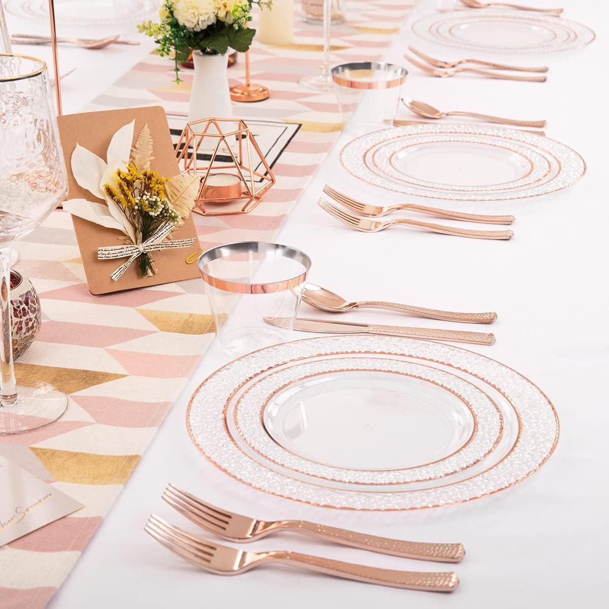 Ciaell 150PCS Rose Gold Plastic Plates – Disposable Plates with Rose Gold Plastic Silverware include 50Plates, 25Forks, 25Knives, 25Spoons, 25Cups for Wedding & Party
