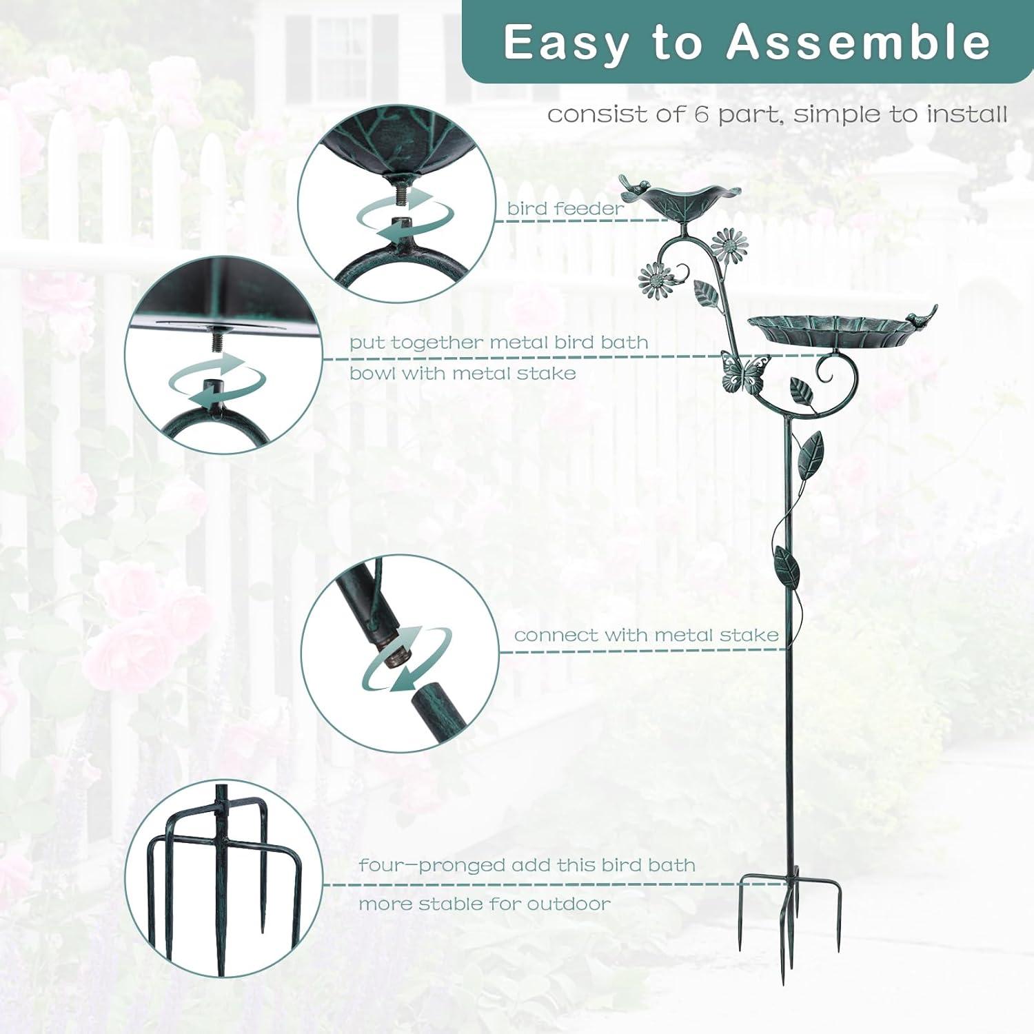 Ophelia & Co. Bird Baths And Feeder For Outdoors, 53 Inch Height Metal Birdbath Antique Garden Bird Feeder With Metal Stake For Garden Outside Yard Lawn Decorations, Green