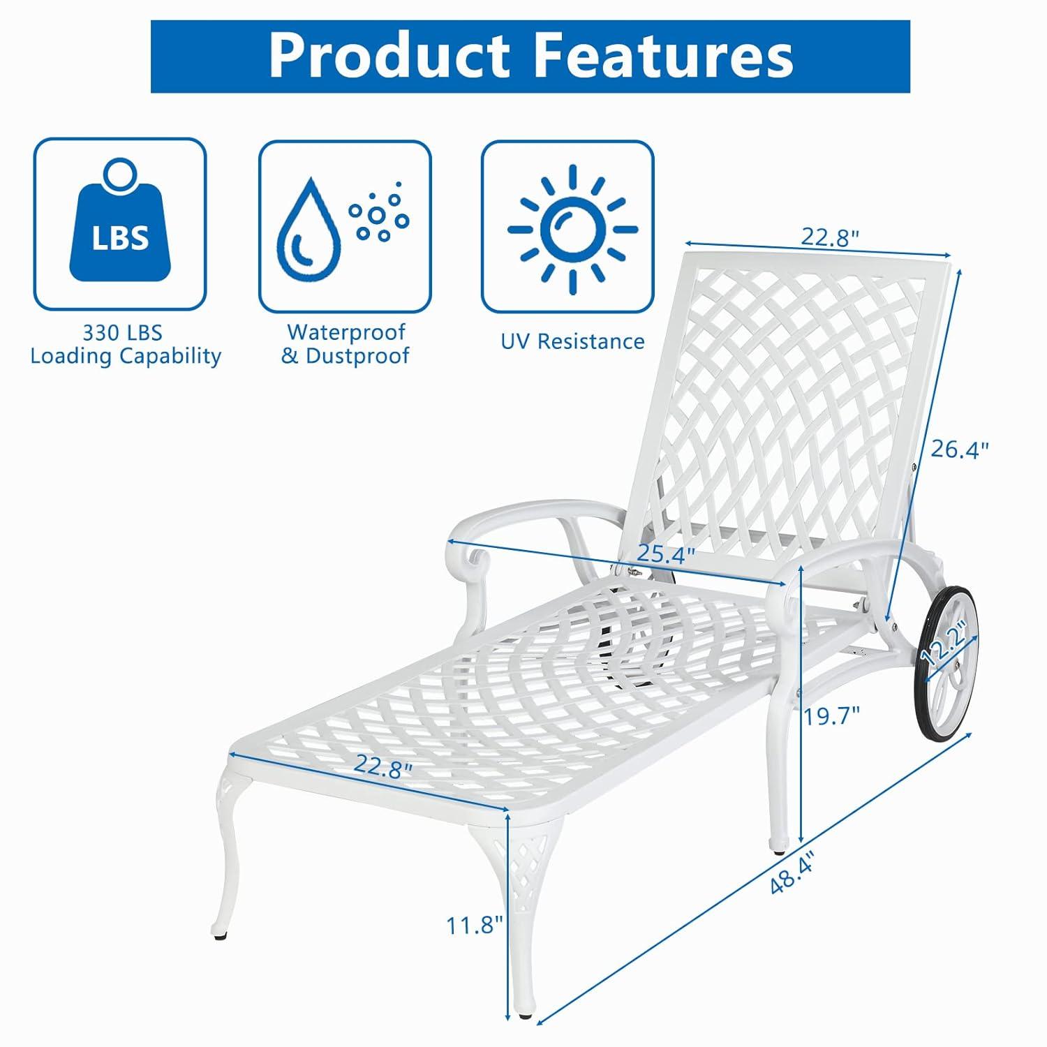 Black Cast Aluminum Metal Outdoor Chaise Lounge with Wheels and 3-Position Adjustable Backrest for Patio, Pool