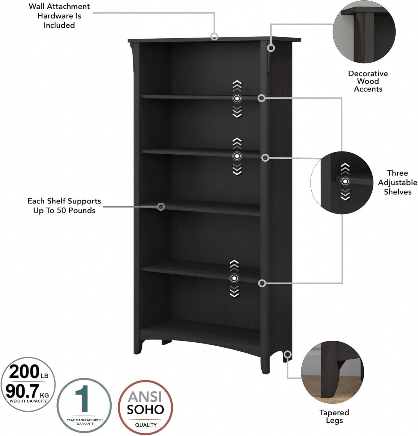 Bush Furniture Salinas Tall 5 Shelf Bookcase, Vintage Black