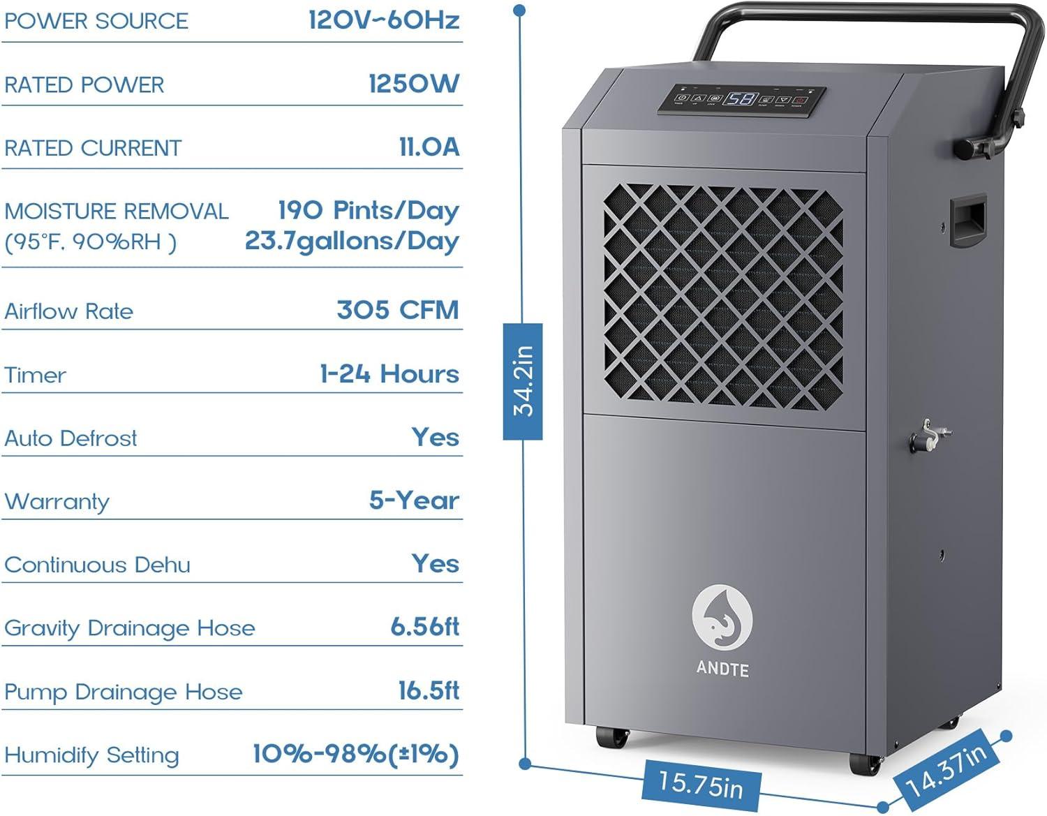 ANDTE 190 Pints Commercial Dehumidifier with Pump, Dehumidifier for Basement with Drain Hose